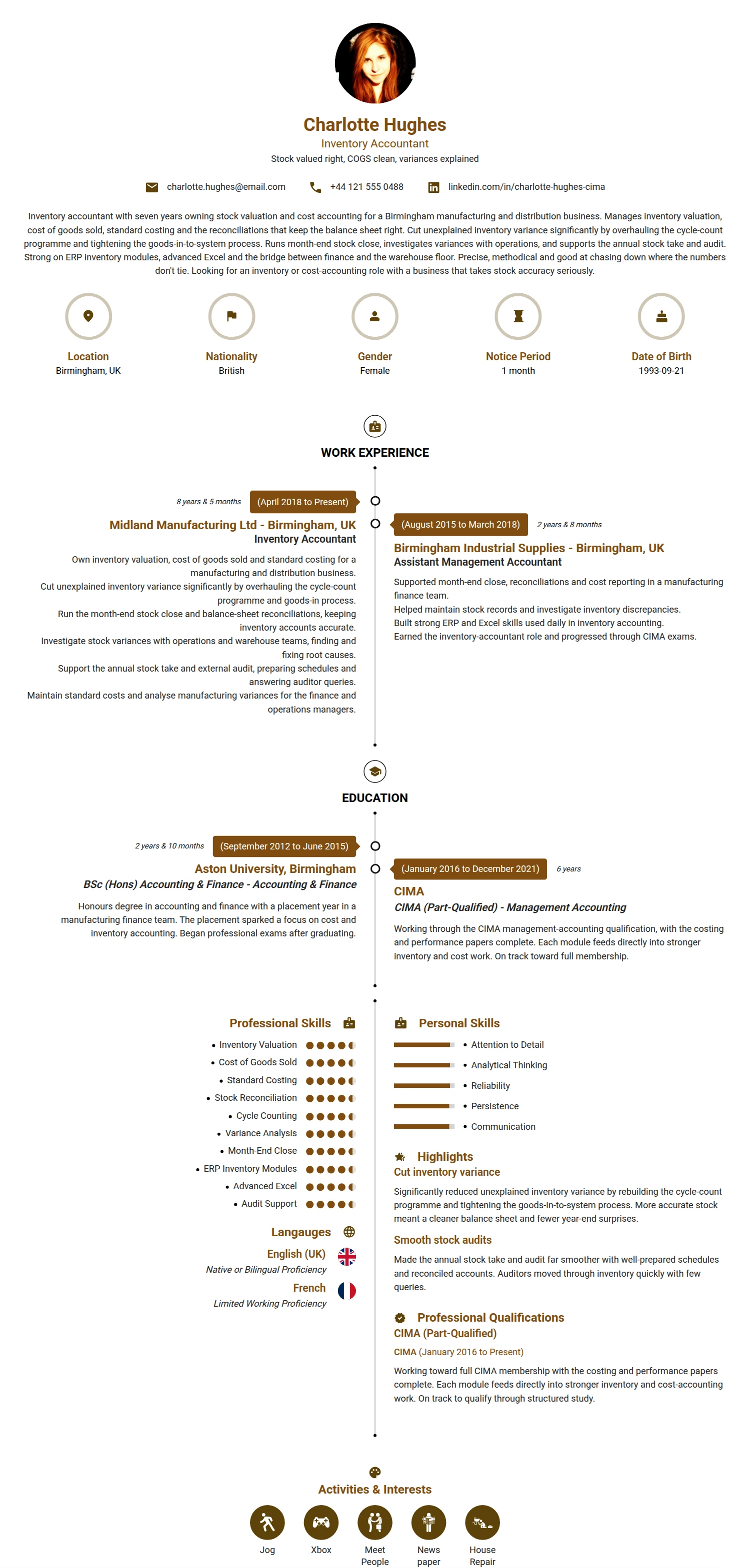 Inventory Accountant resume example — a professionally formatted Accounting/Auditing CV sample