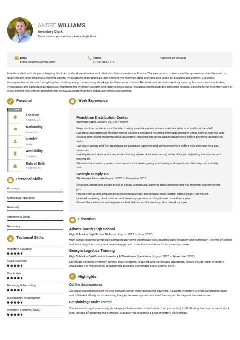 Inventory Clerk resume example