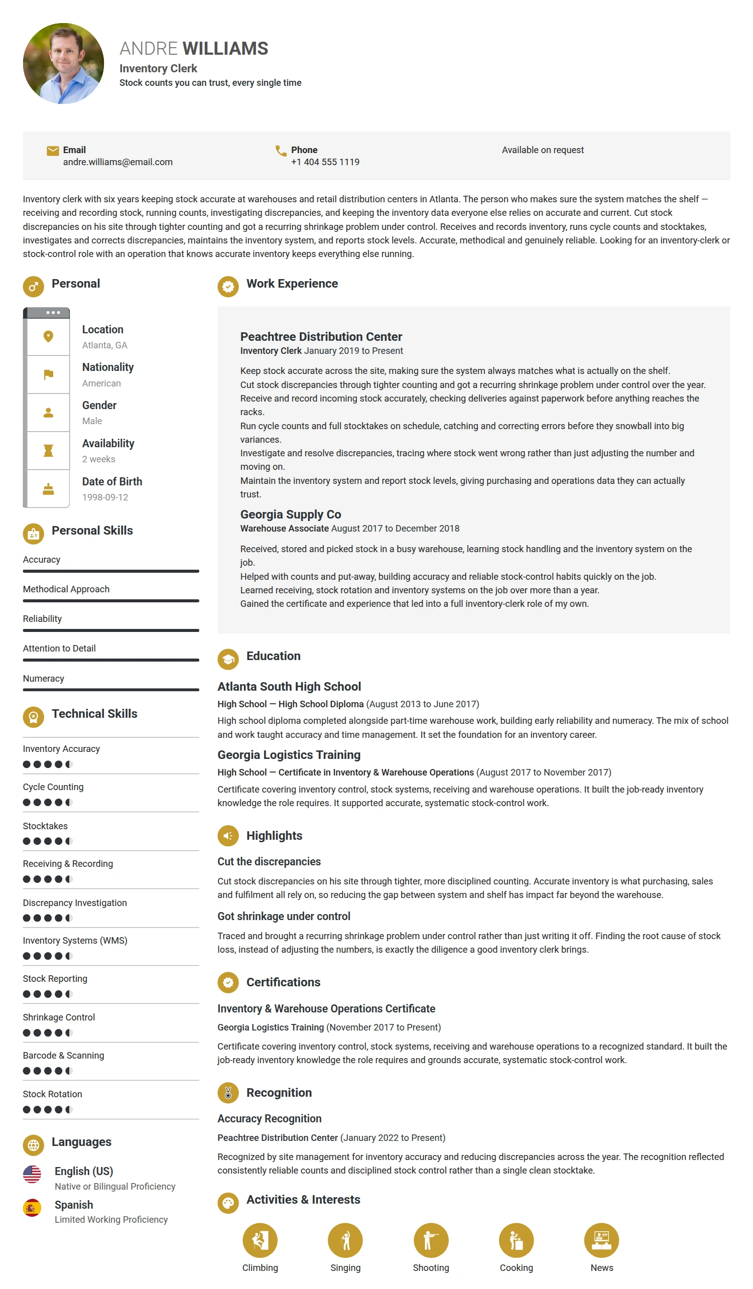 Inventory Clerk resume example — a professionally formatted Logistics/Supply Chain CV sample