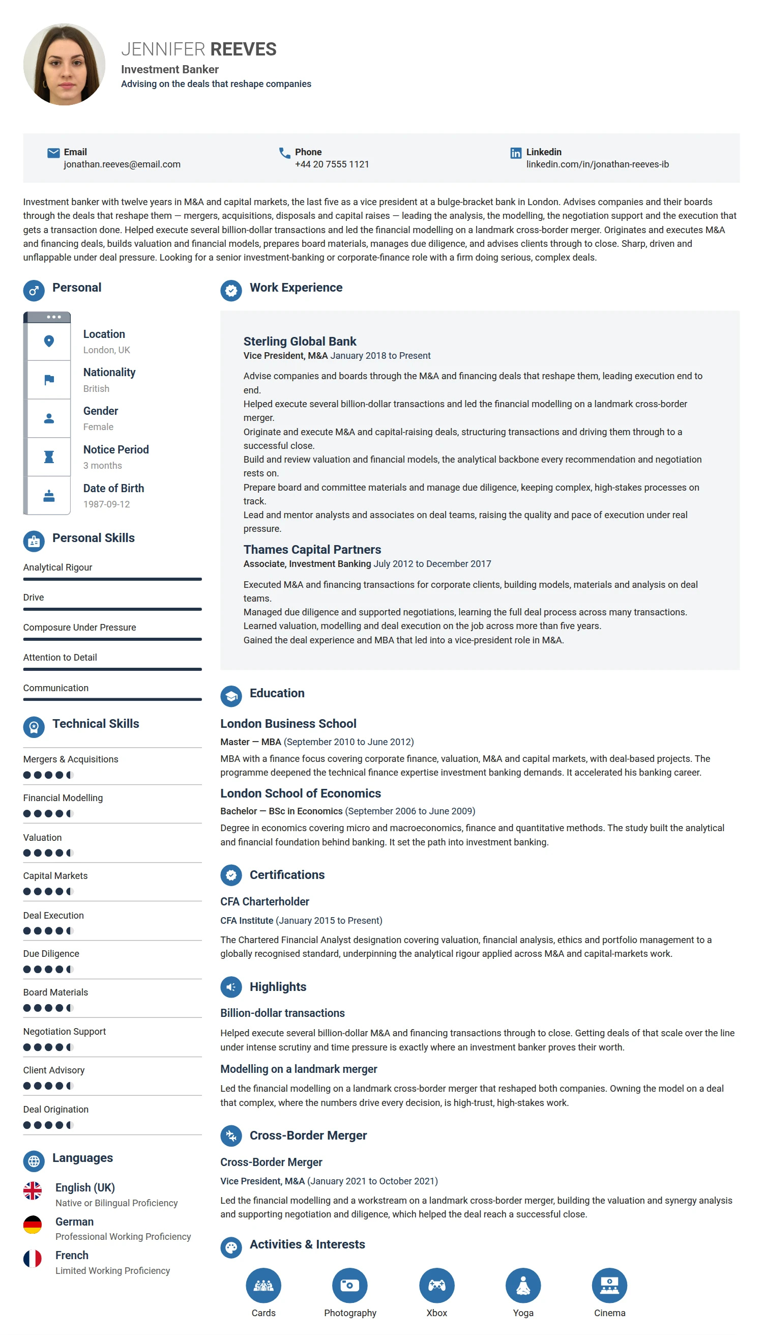 Investment Banker resume example — a professionally formatted Financial Services & Banking CV sample