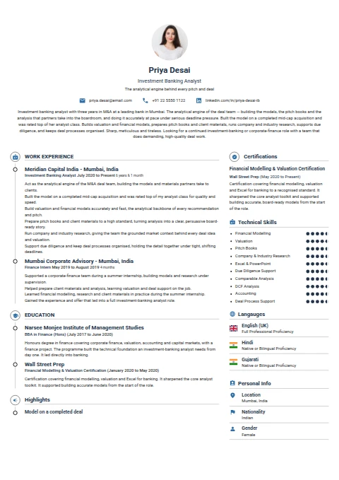 Investment Banking Analyst resume example
