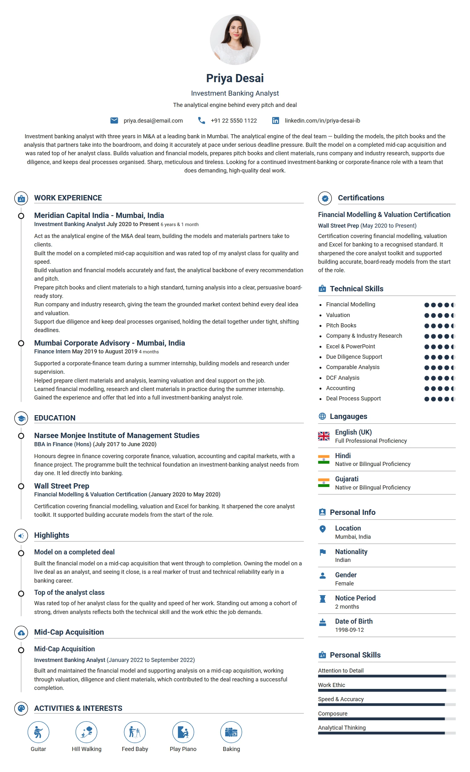 Investment Banking Analyst resume example — a professionally formatted Financial Services & Banking CV sample