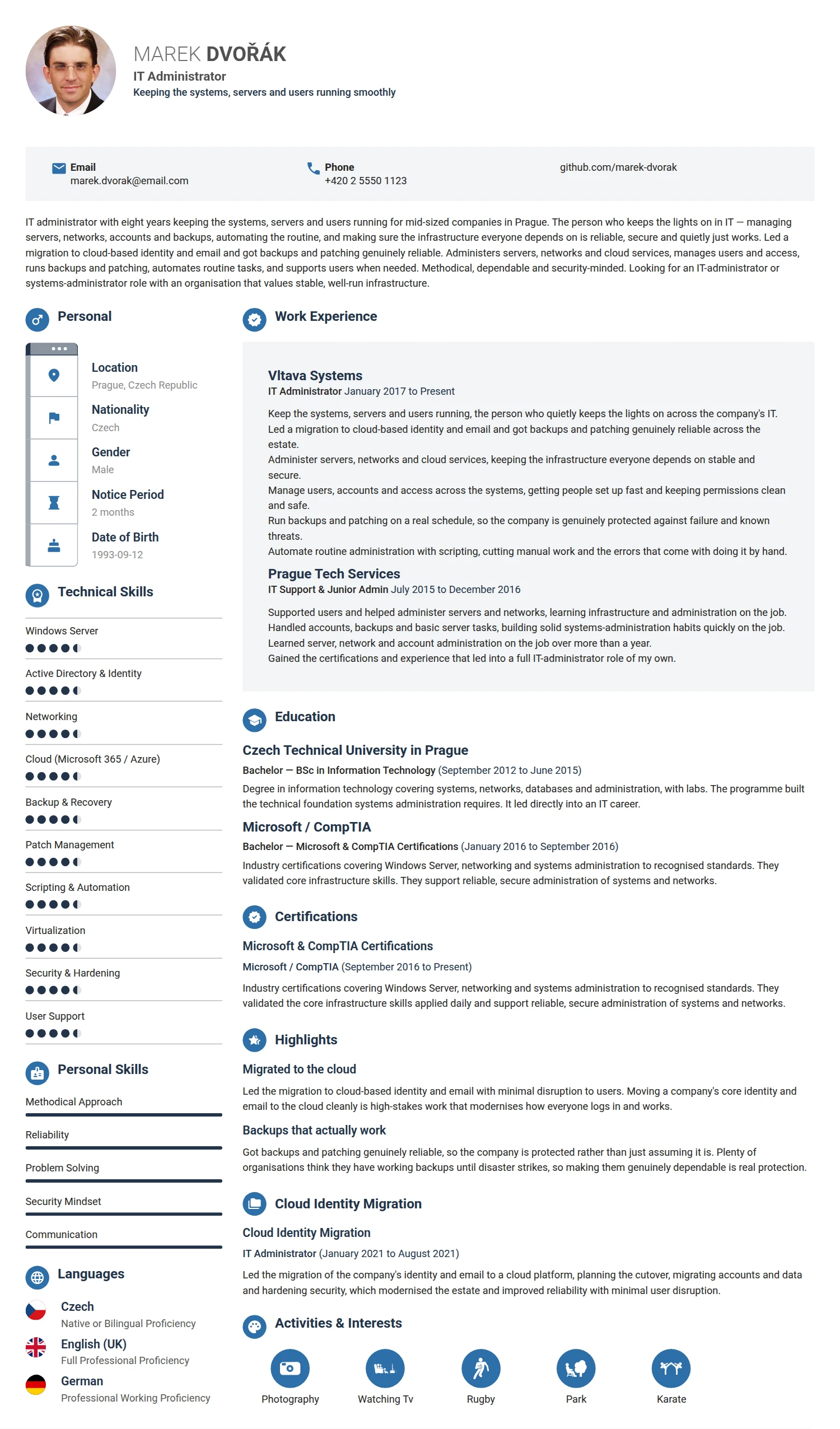 IT Administrator resume example — a professionally formatted Software Development & IT CV sample