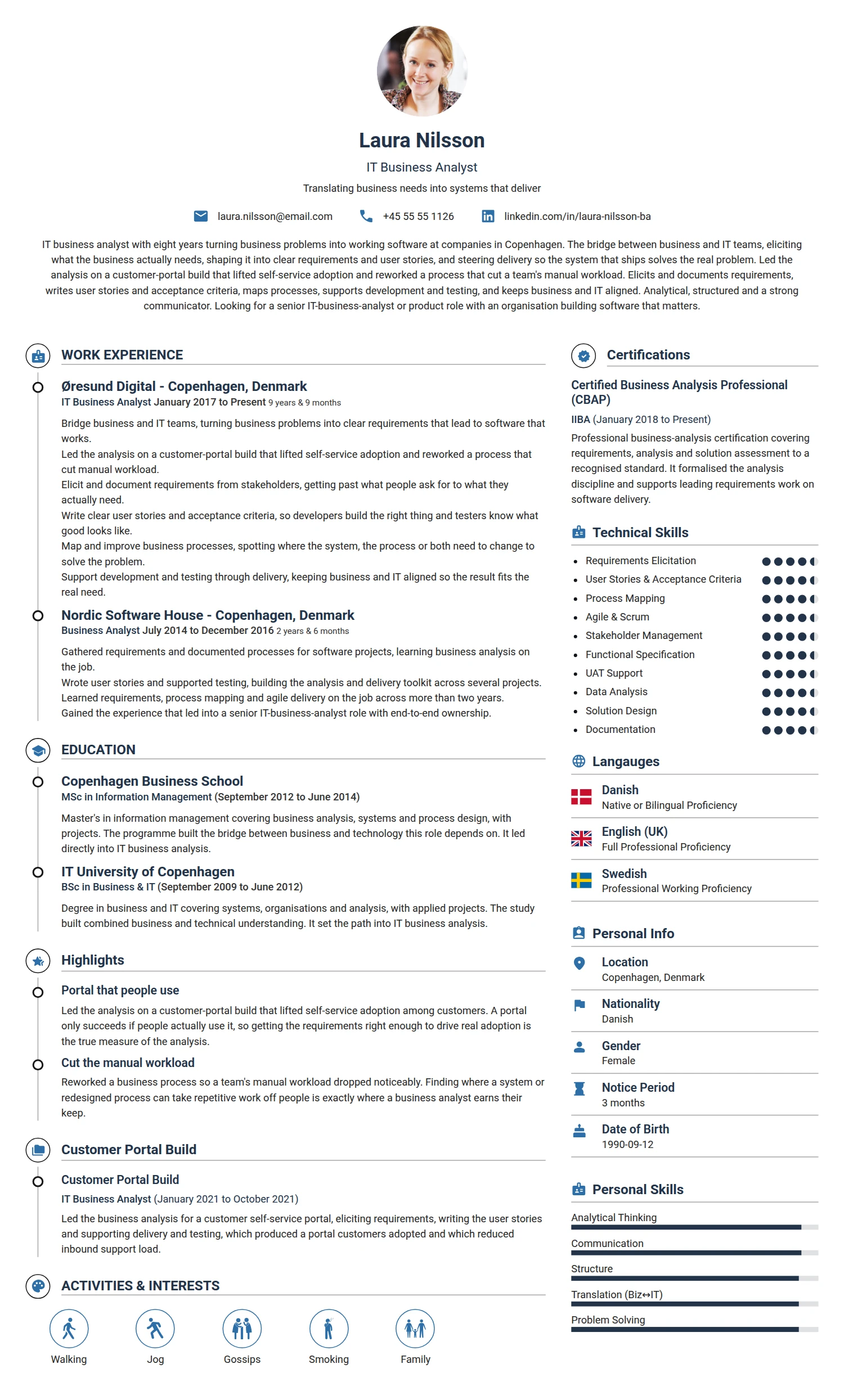 IT Business Analyst resume example — a professionally formatted Business Management CV sample