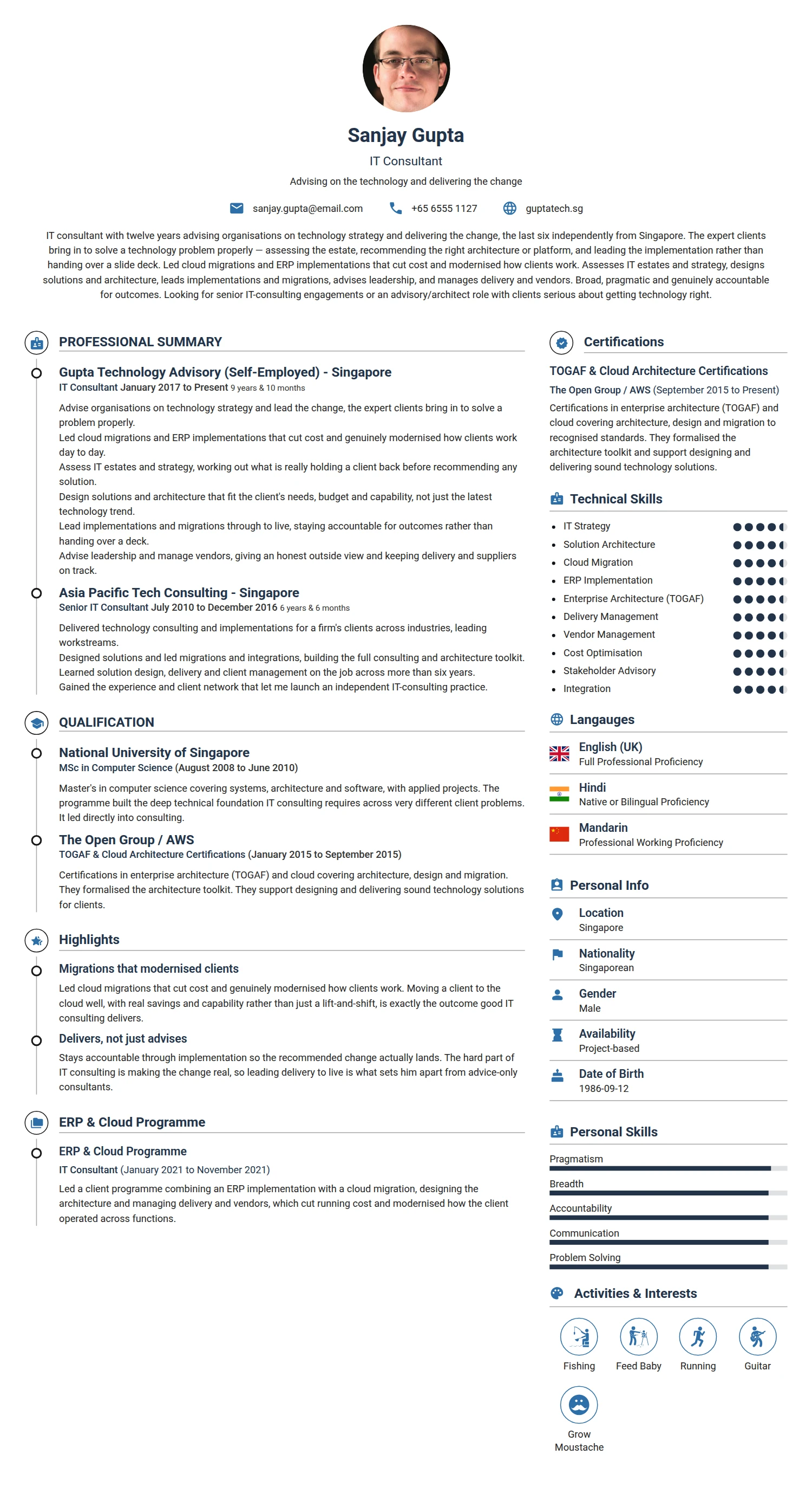 IT Consultant resume example — a professionally formatted Business Management CV sample