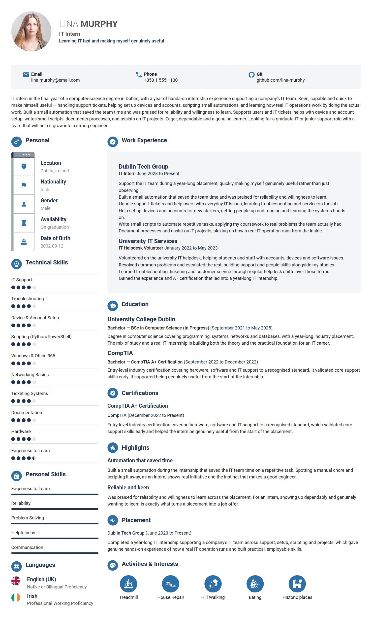IT Intern resume example — a professionally formatted Software Development & IT CV sample
