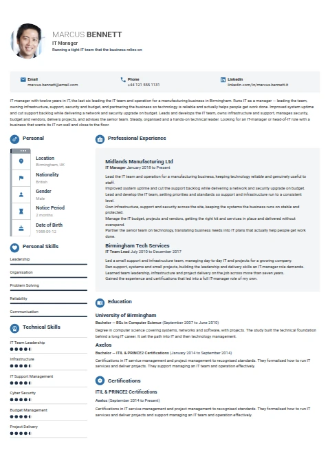 IT Manager resume example — a professionally formatted Software Development & IT CV sample