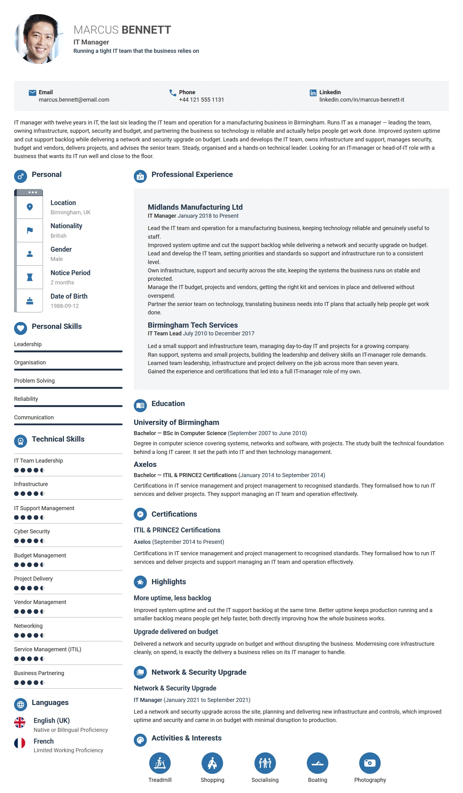 IT Manager resume example — a professionally formatted Software Development & IT CV sample