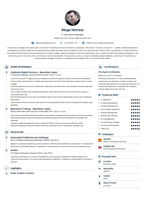 IT Operation Manager resume example