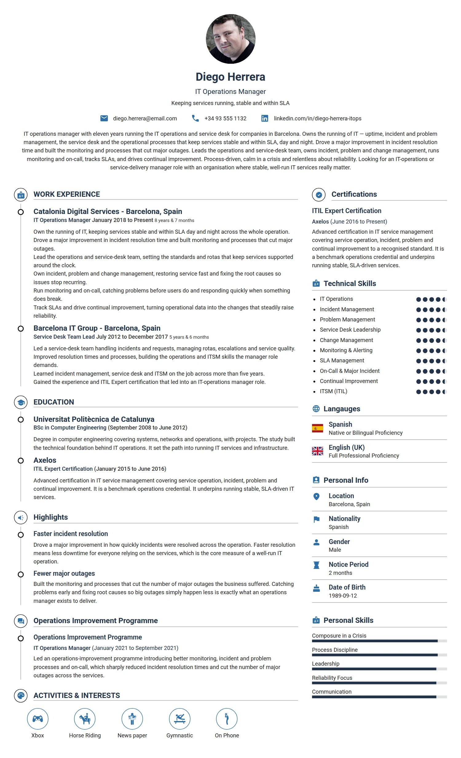 IT Operation Manager resume example — a professionally formatted Software Development & IT CV sample