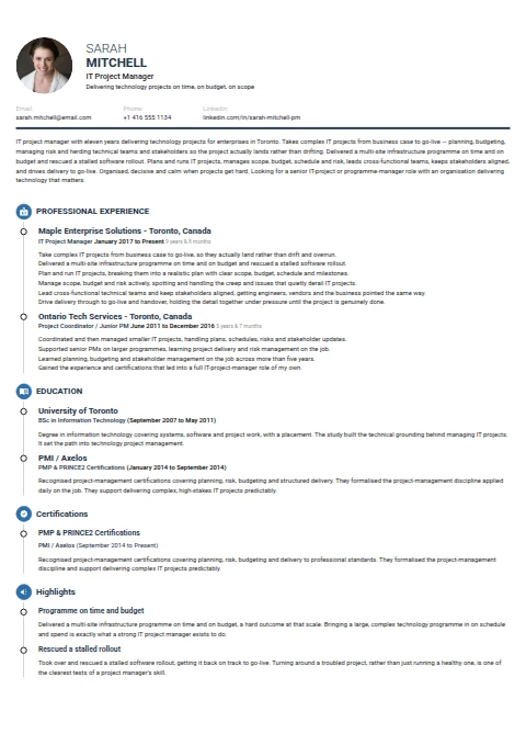 IT Project Manager resume example