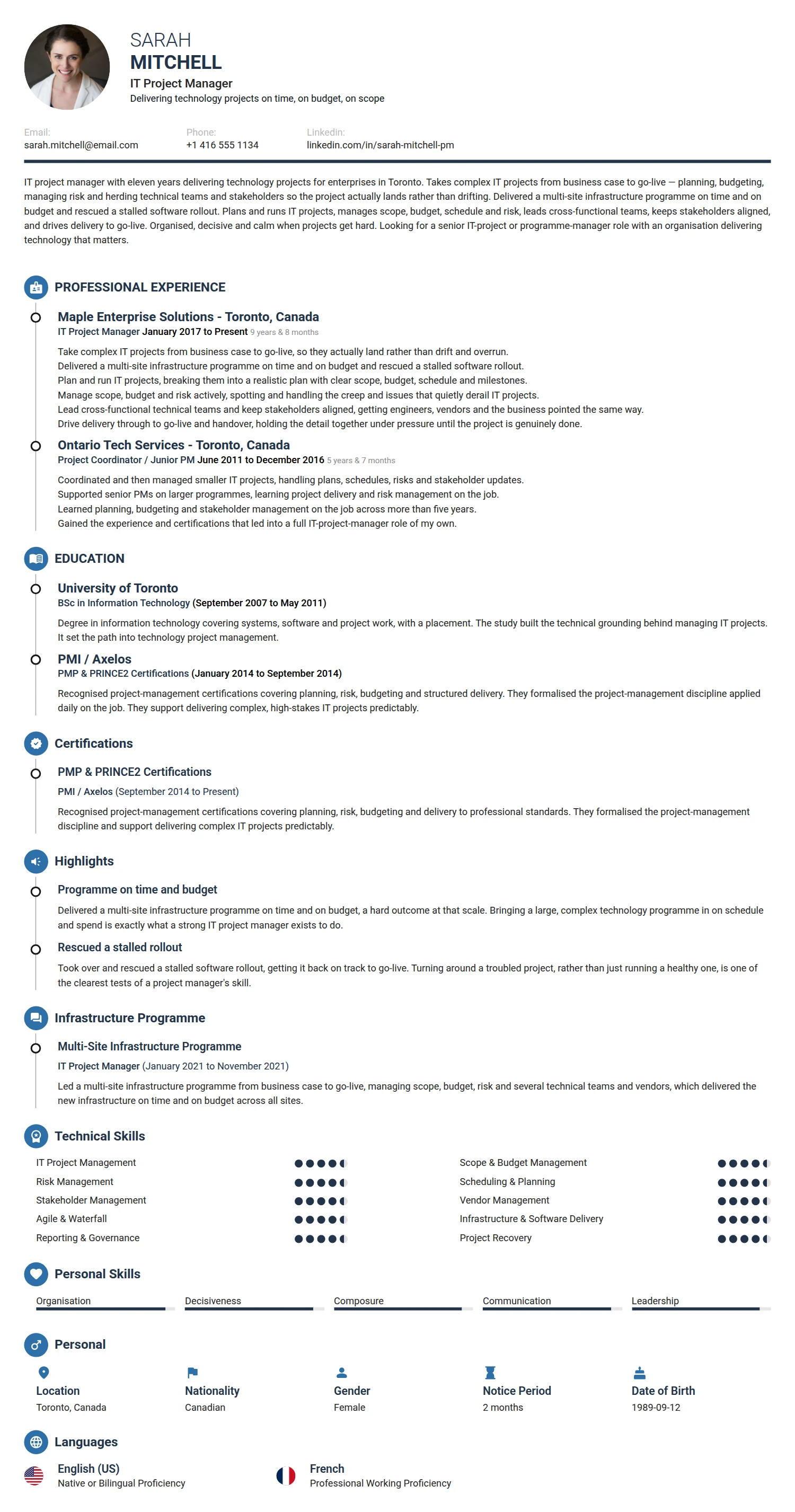 IT Project Manager resume example — a professionally formatted Software Development & IT CV sample