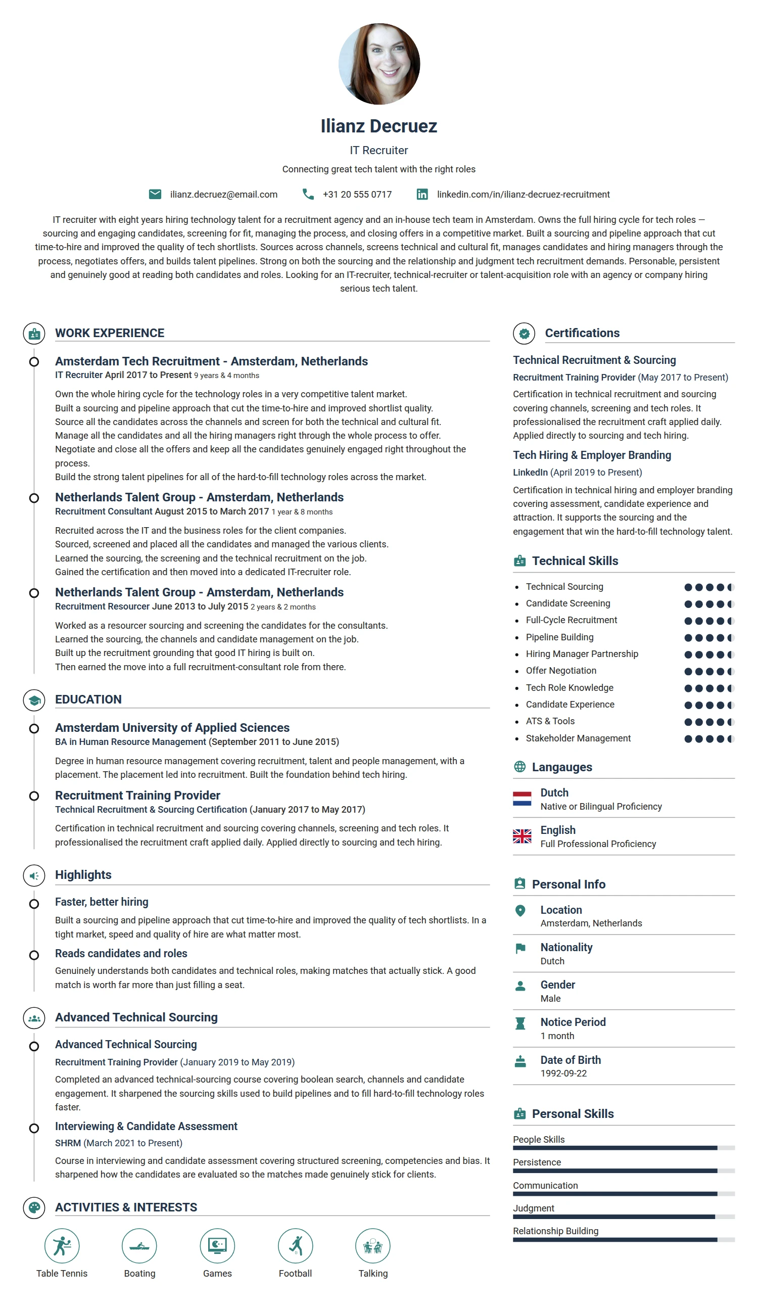 IT Recruiter resume example — a professionally formatted Human Resources CV sample