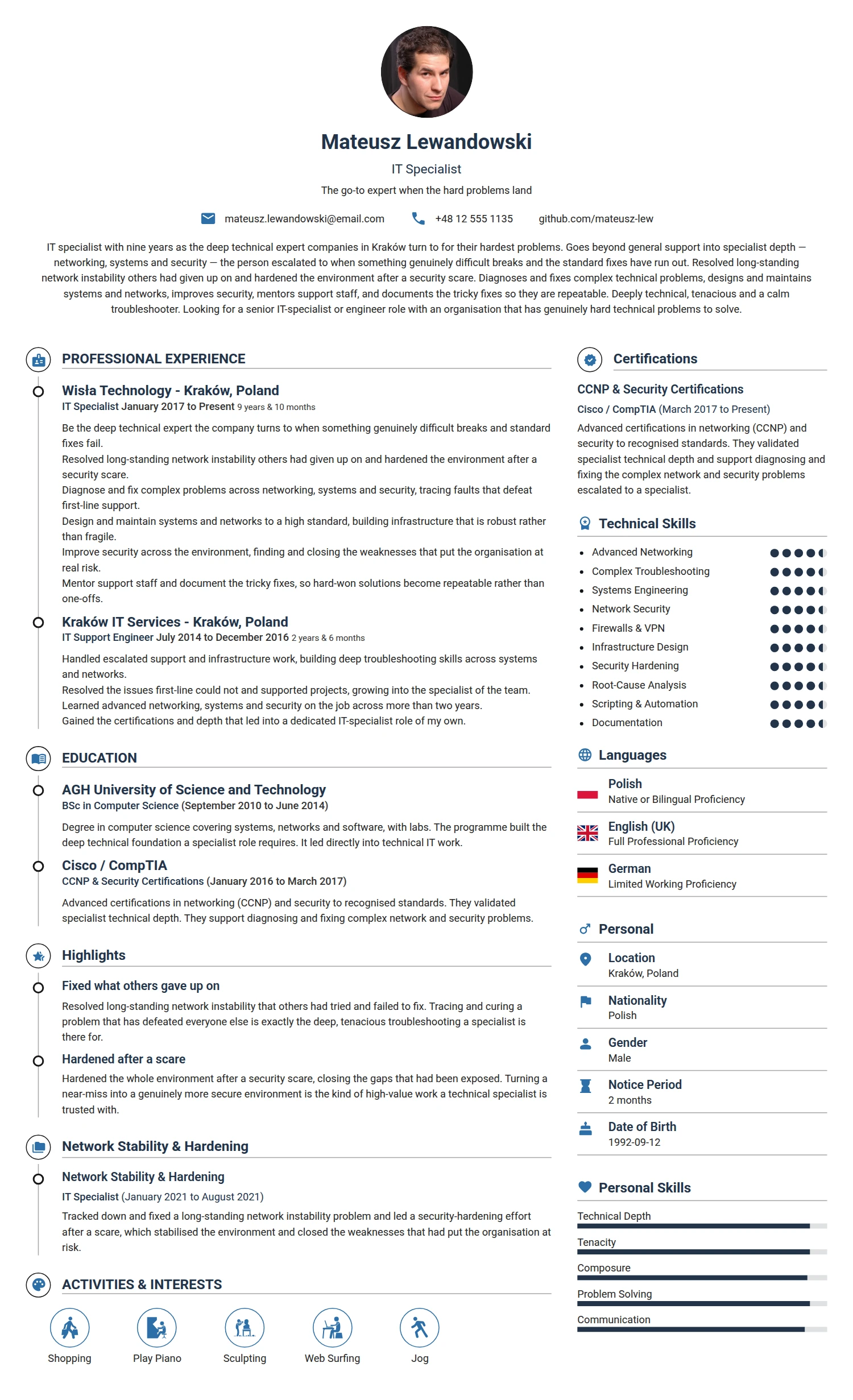 IT Specialist resume example — a professionally formatted Software Development & IT CV sample