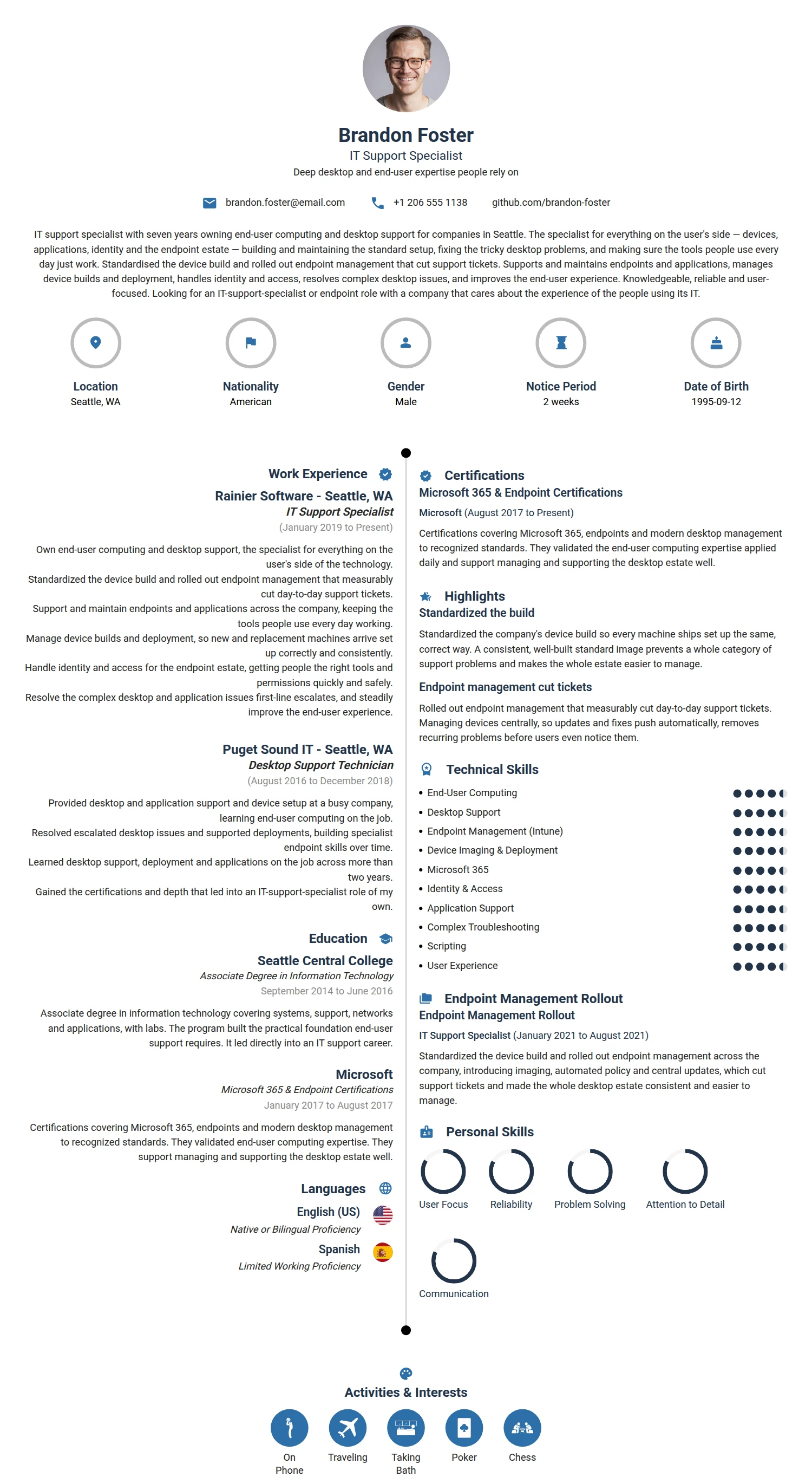 IT Support Specialist resume example — a professionally formatted Software Development & IT CV sample