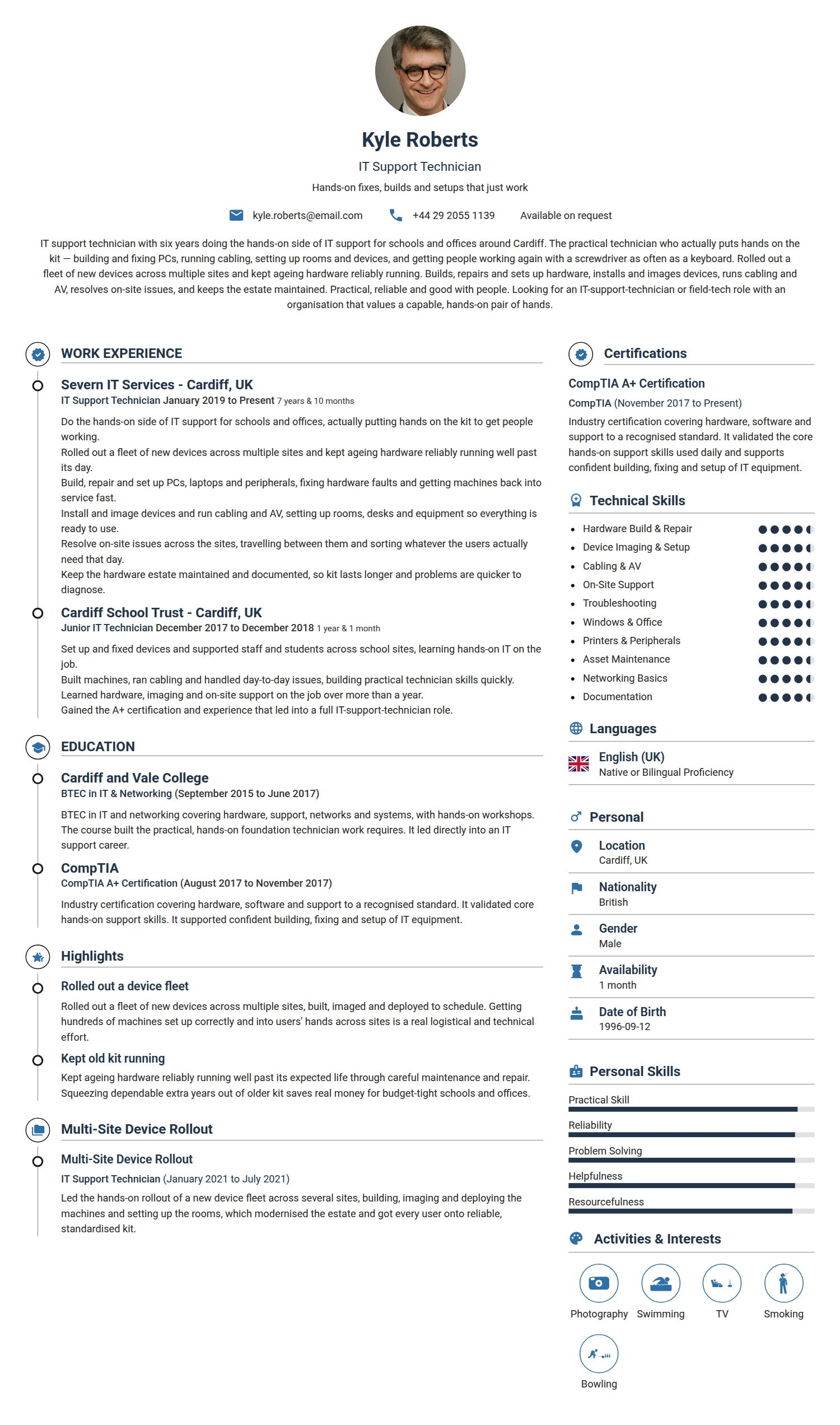 IT Support Technician resume example — a professionally formatted Software Development & IT CV sample