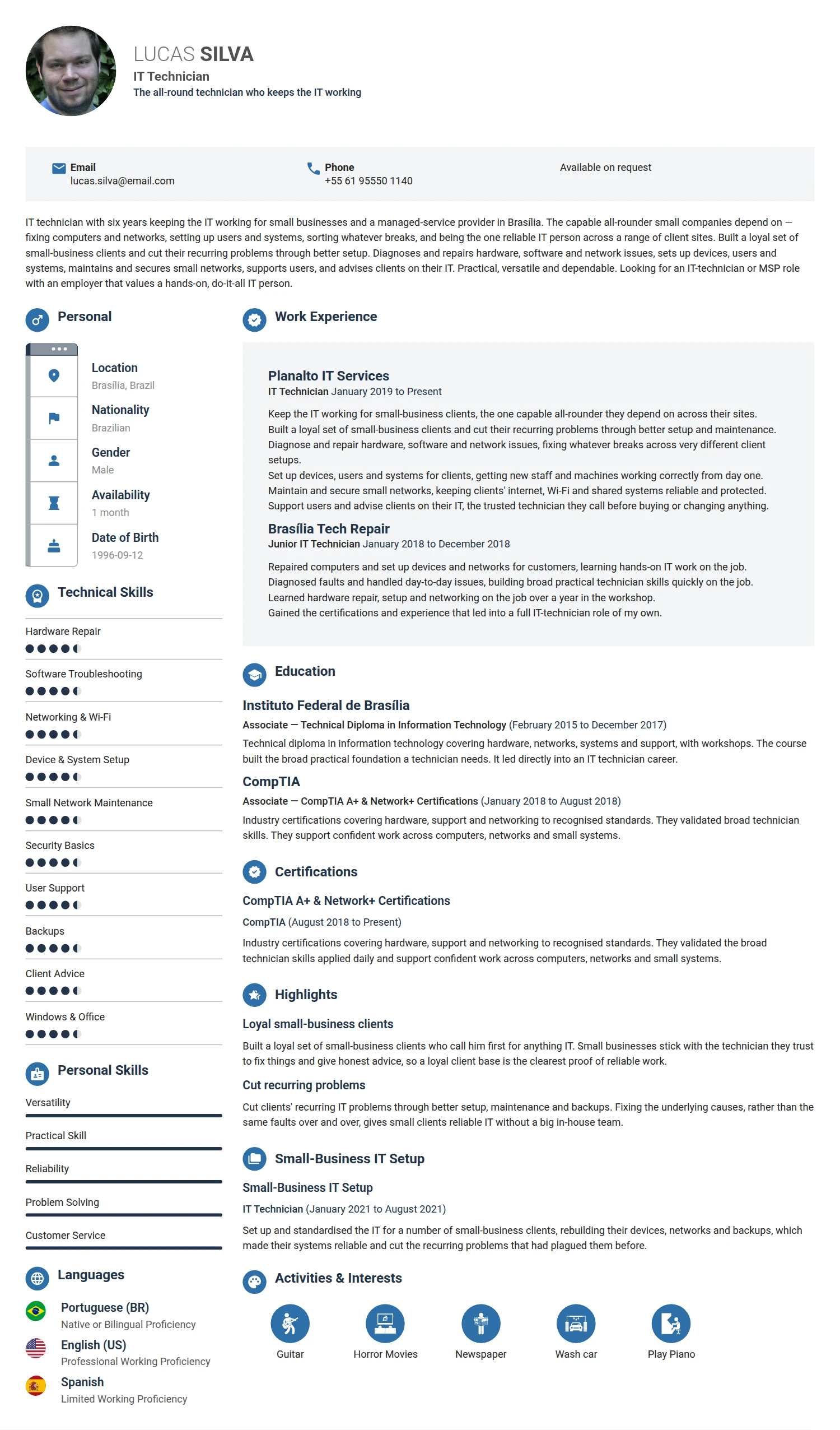 IT Technician resume example — a professionally formatted Software Development & IT CV sample
