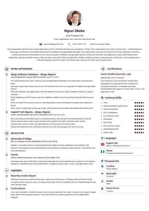 Java Programmer resume example