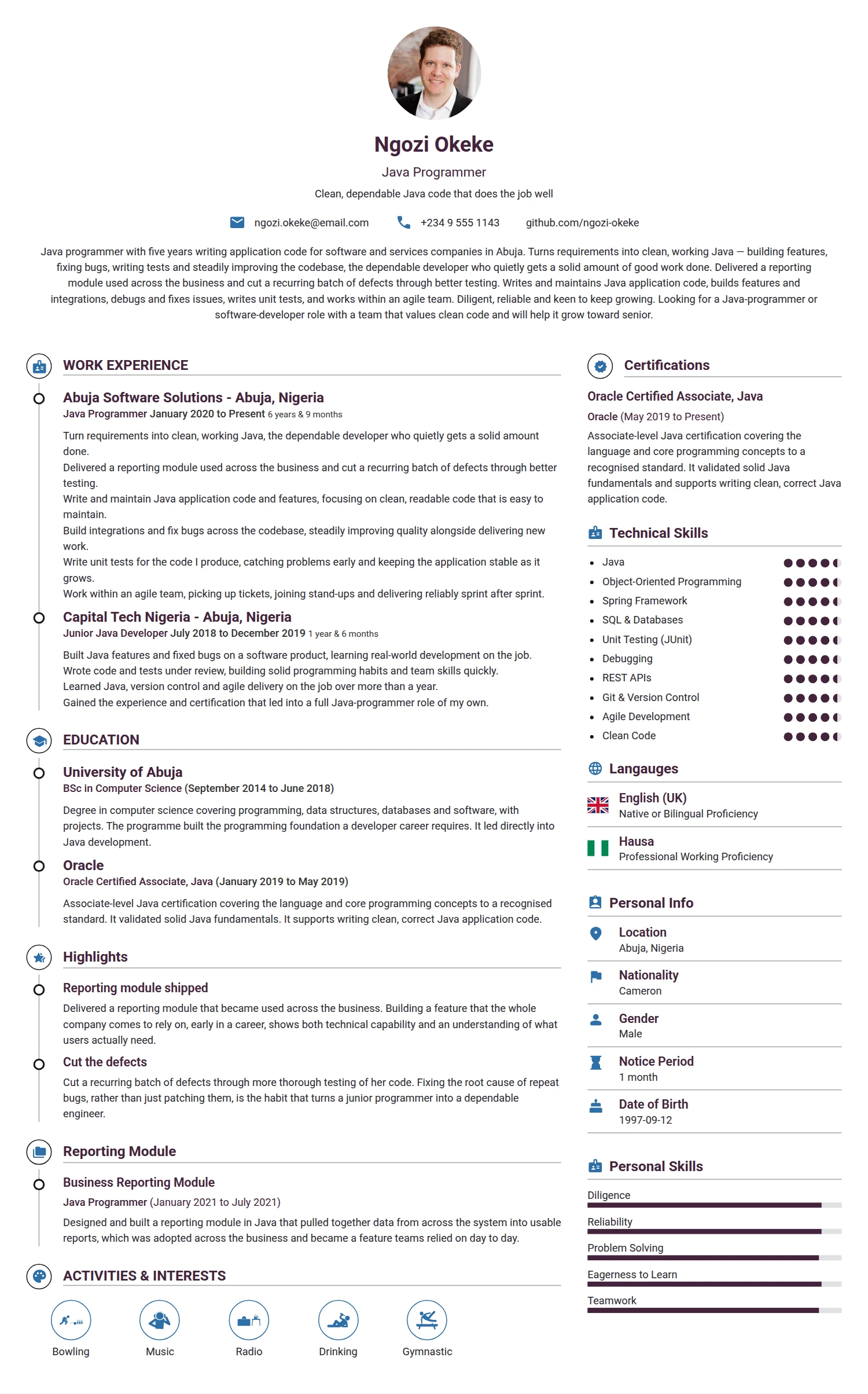 Java Programmer resume example — a professionally formatted Software Development & IT CV sample