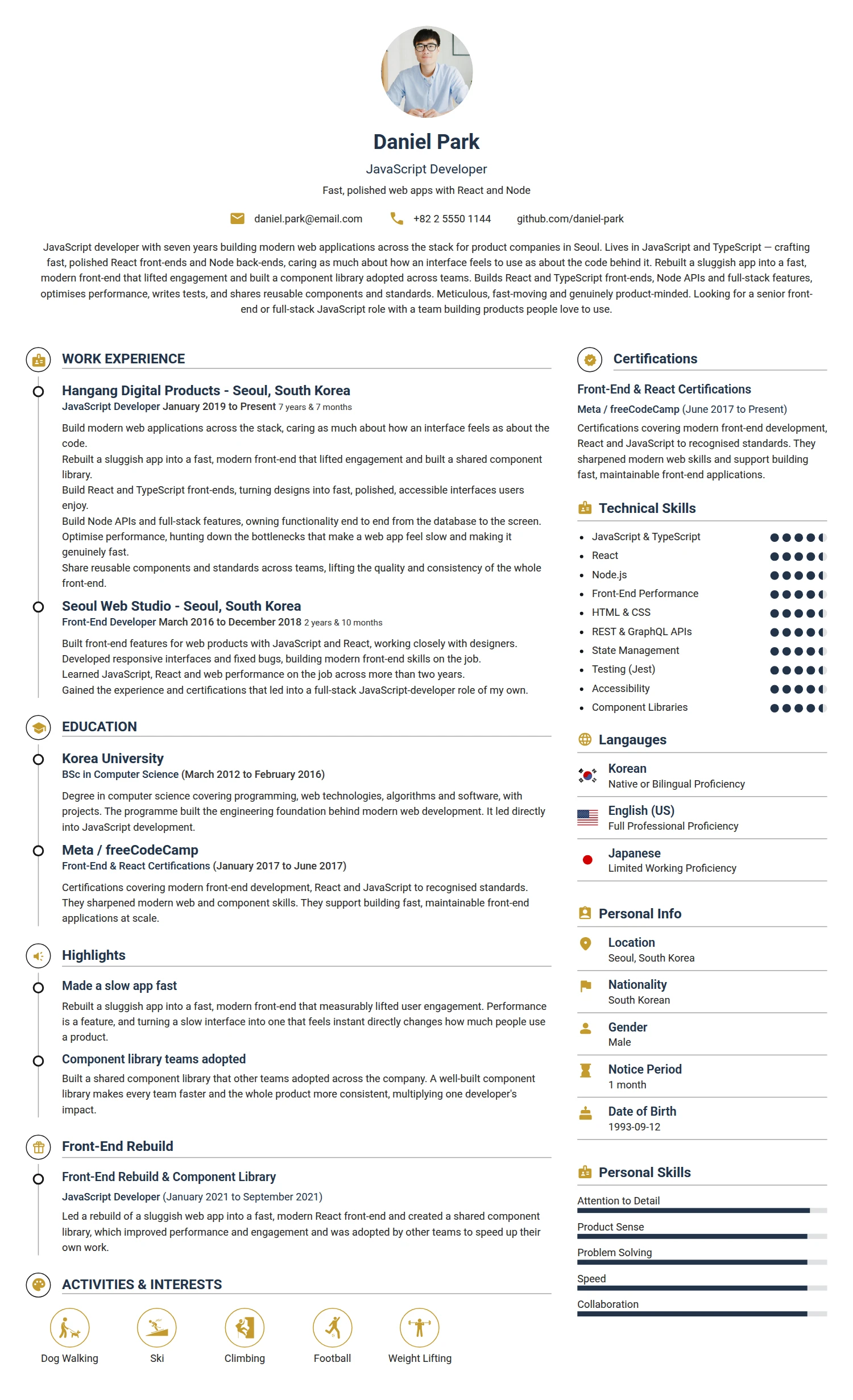 Javascript Developer resume example — a professionally formatted Software Development & IT CV sample