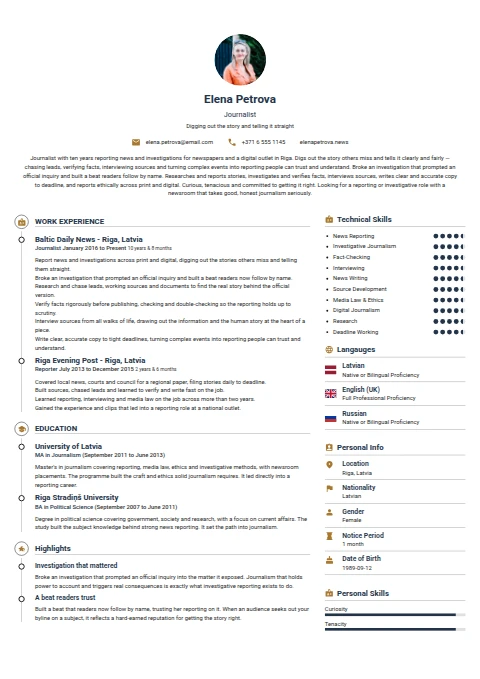 Journalist resume example
