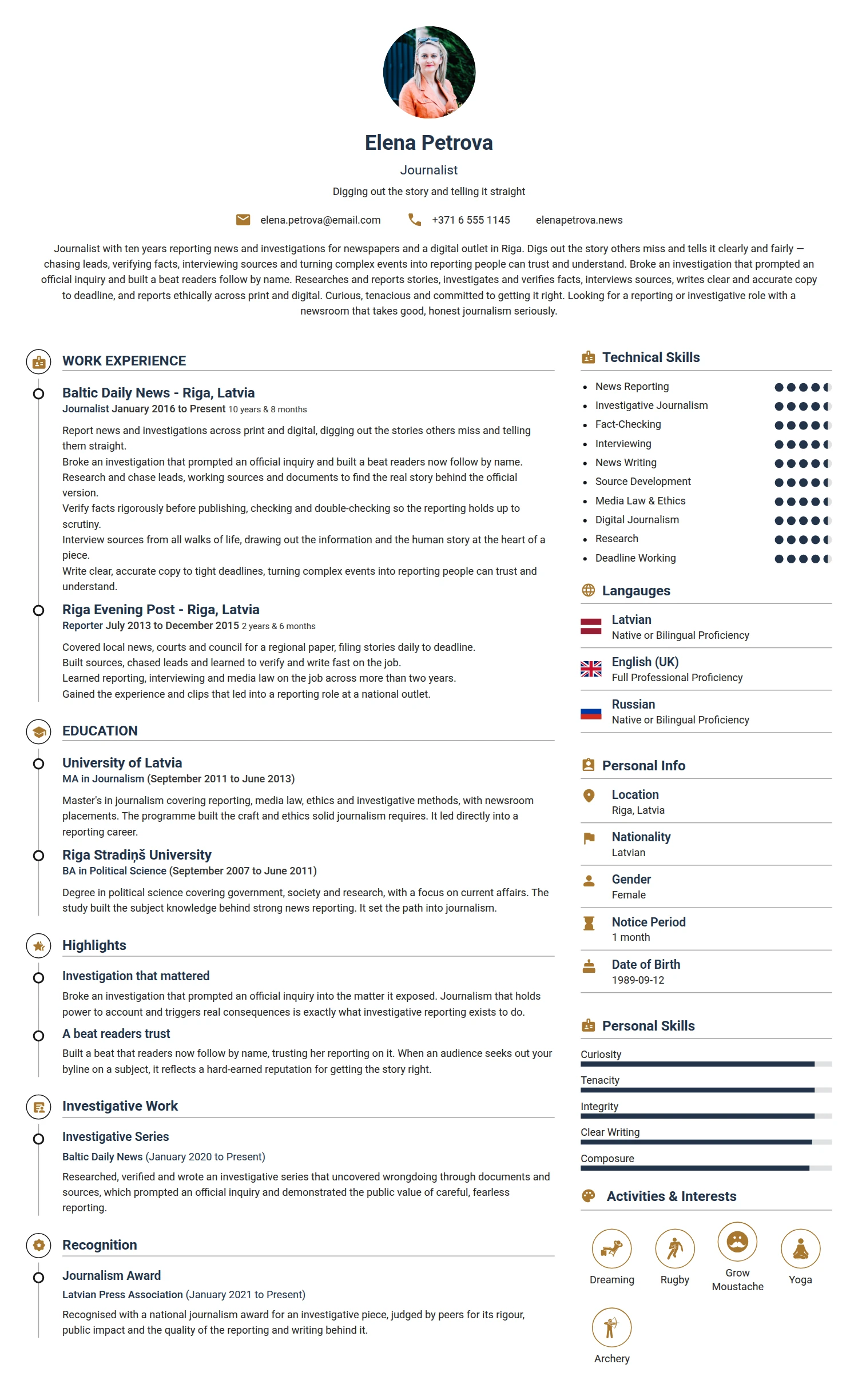 Journalist resume example — a professionally formatted Media/Journalism CV sample