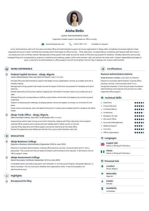 Junior Administrative Clerk resume example