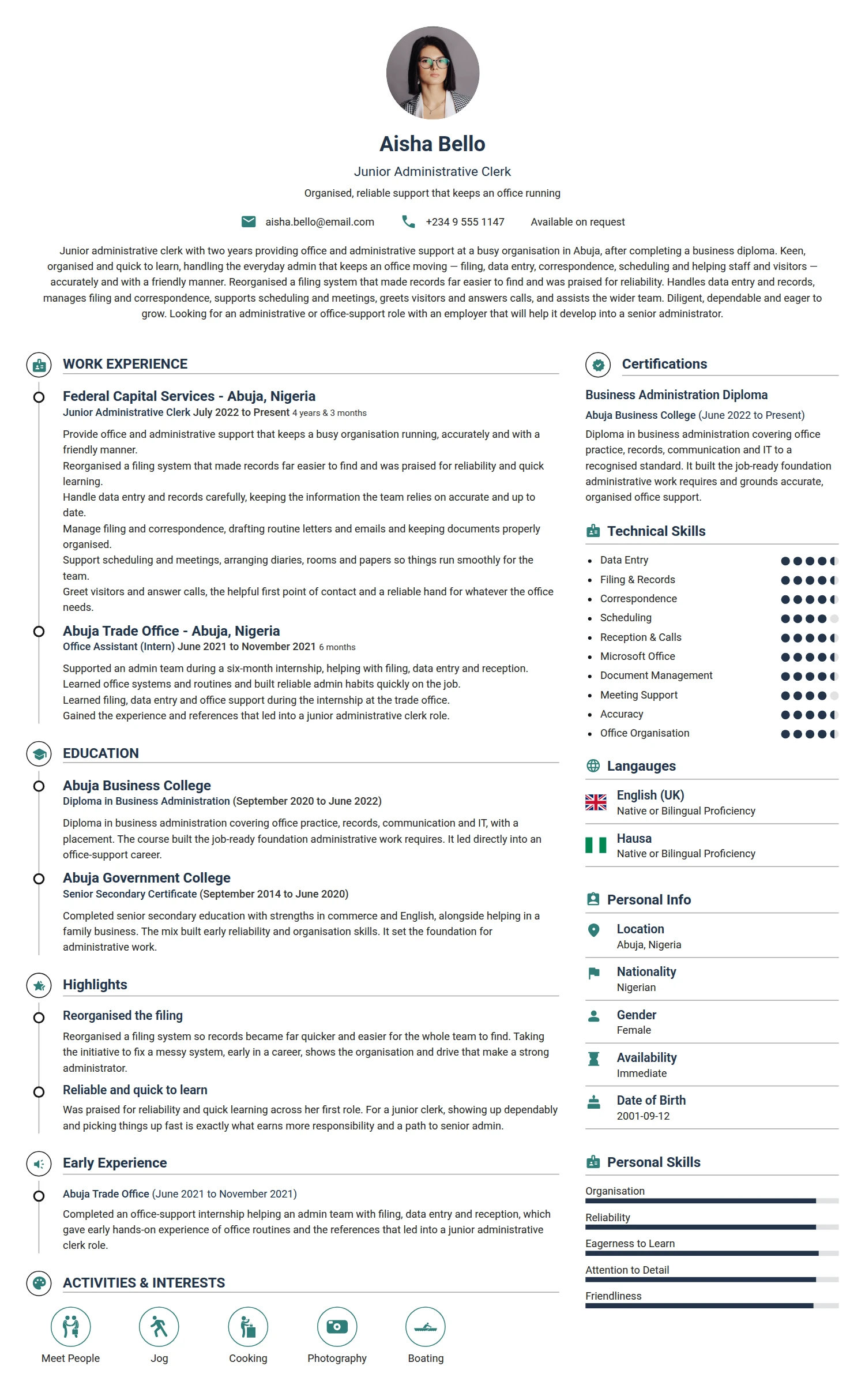 Junior Administrative Clerk resume example — a professionally formatted Administration CV sample