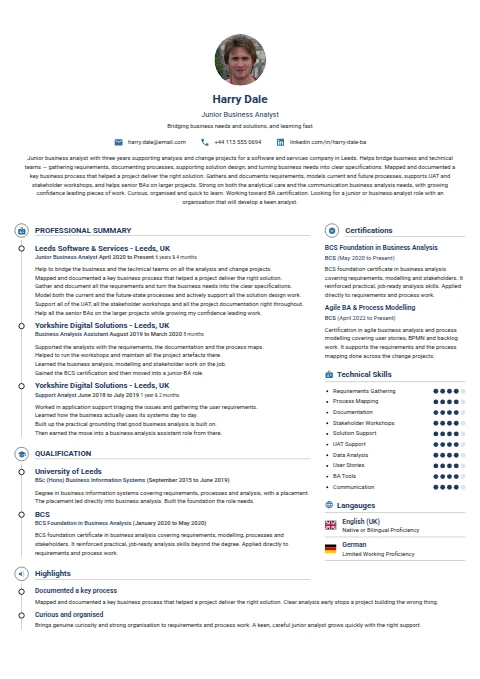 Junior Business Analyst resume example