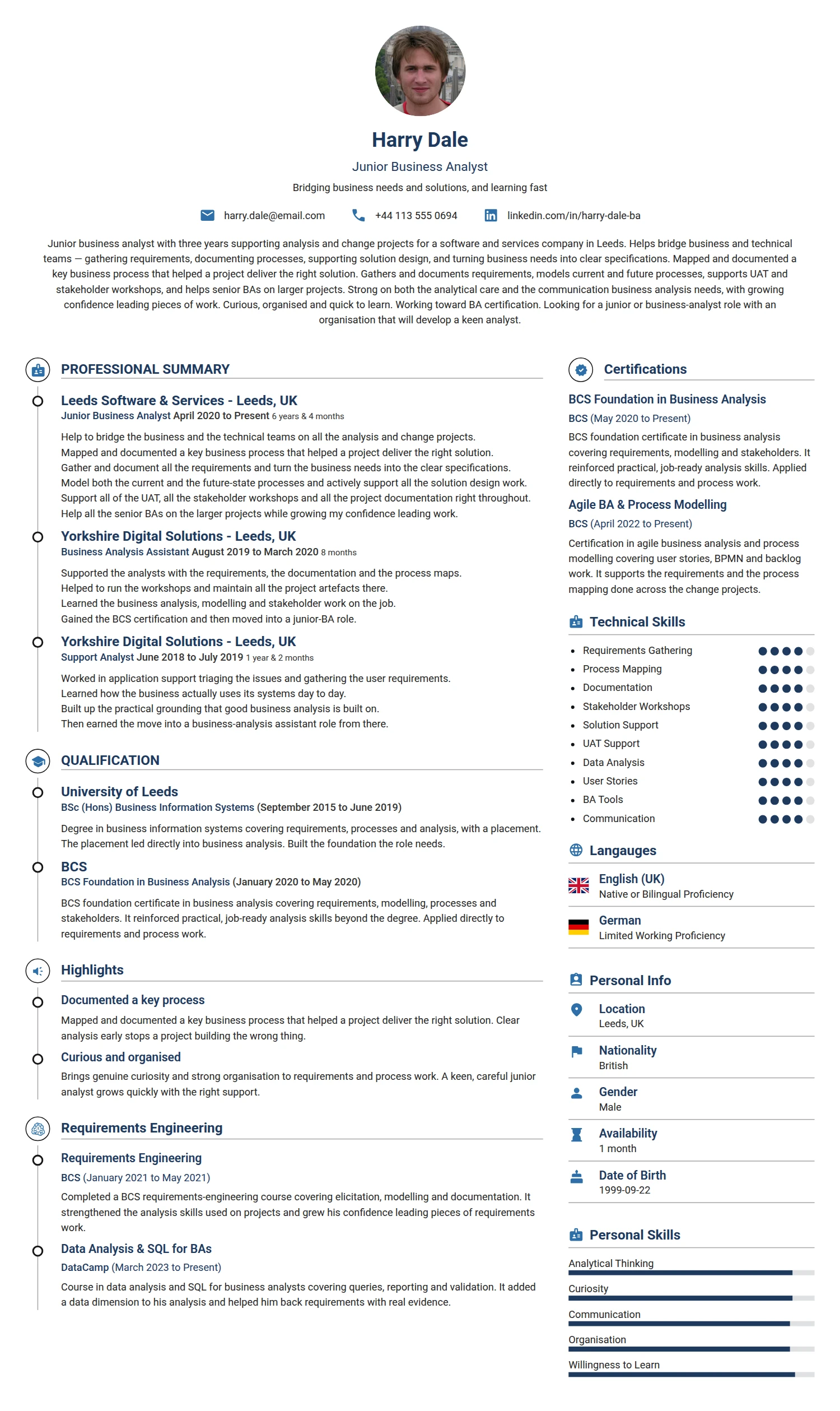 Junior Business Analyst resume example — a professionally formatted Business Management CV sample