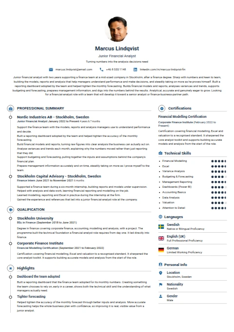 Junior Financial Analyst resume example