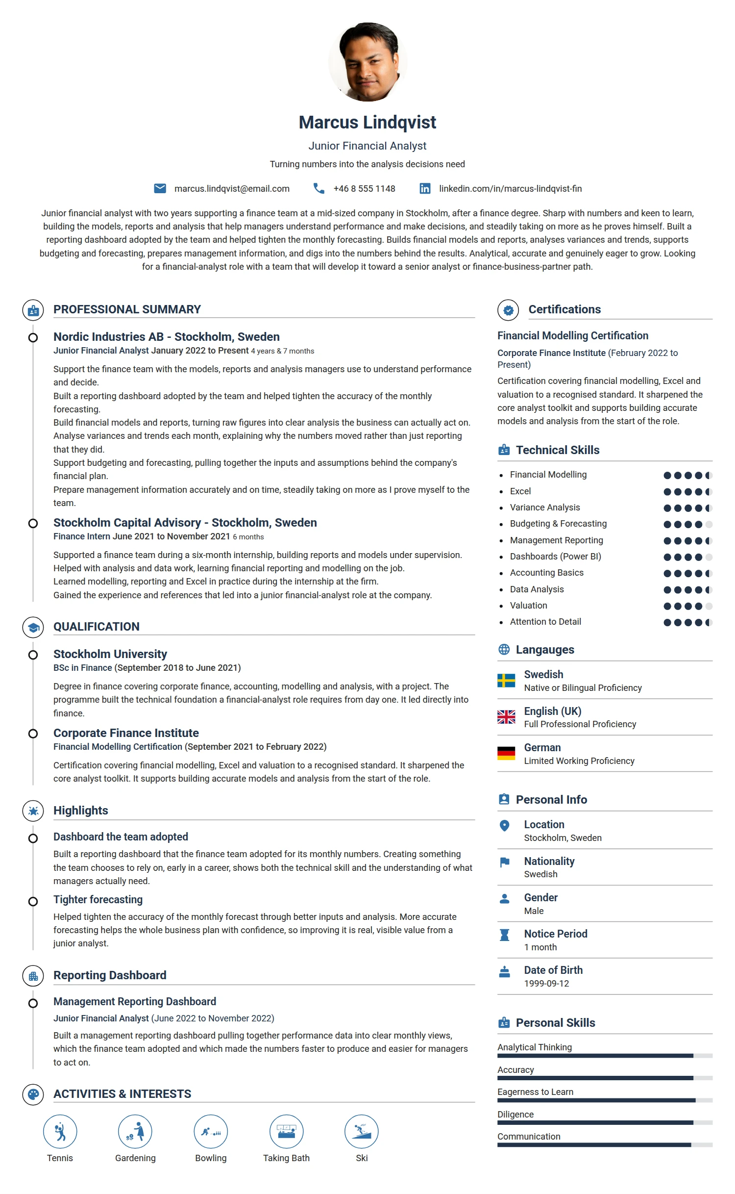 Junior Financial Analyst resume example — a professionally formatted Financial Services & Banking CV sample