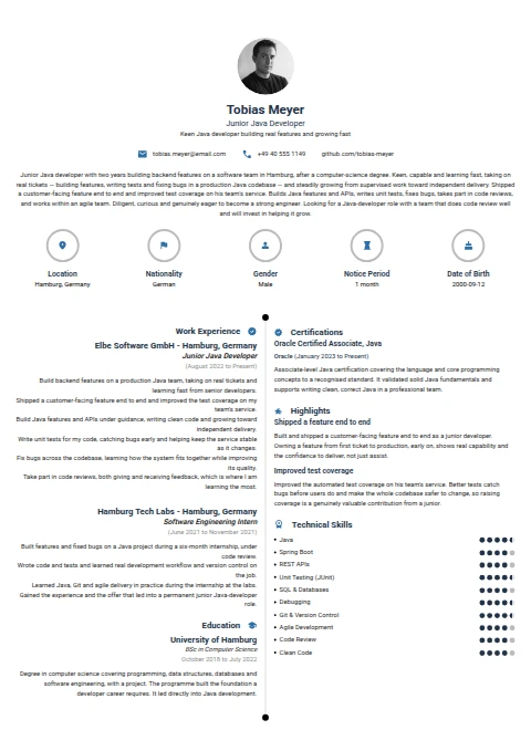 Junior Java Developer resume example