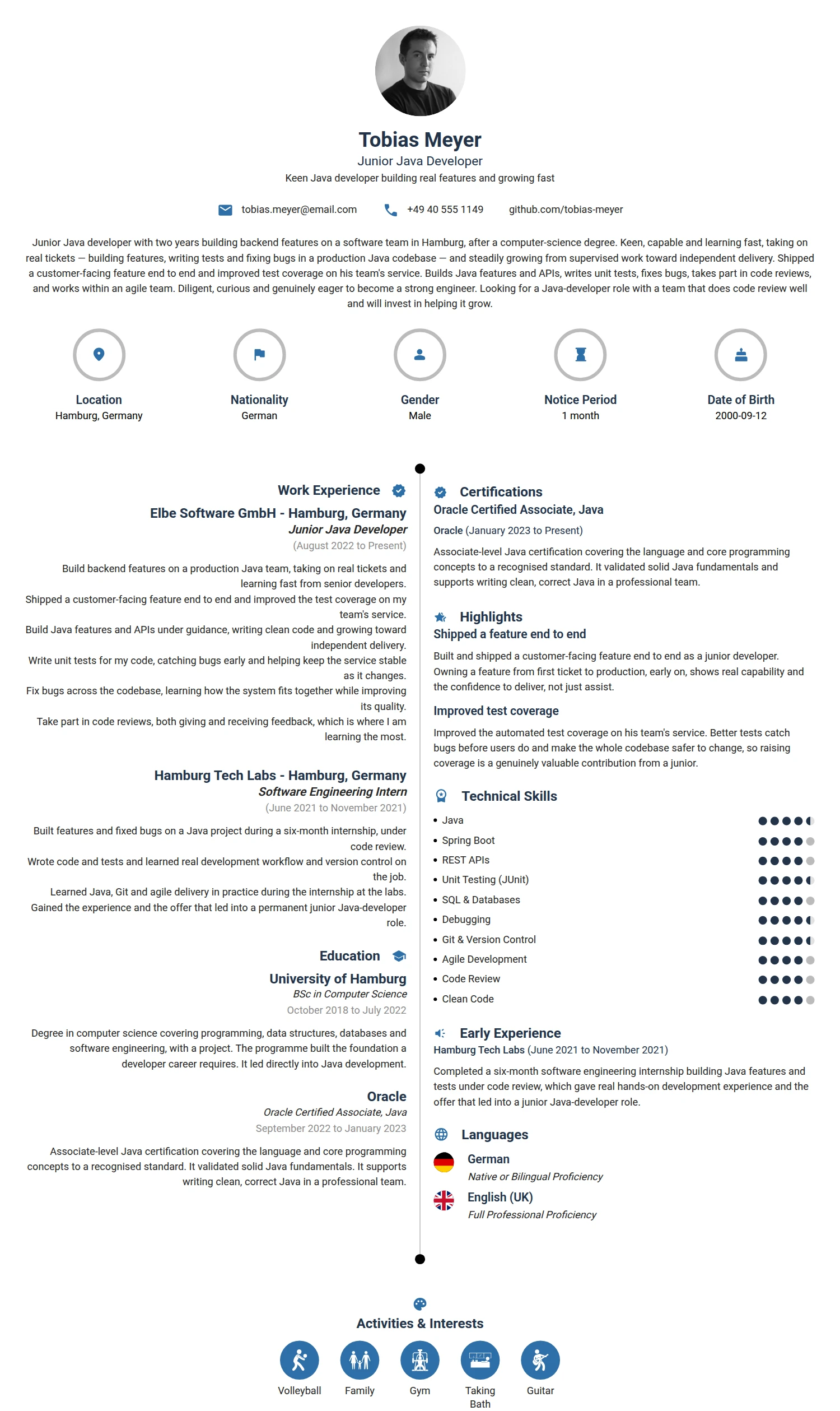 Junior Java Developer resume example — a professionally formatted Software Development & IT CV sample
