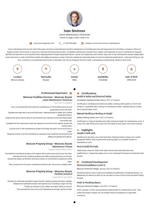 Junior Maintenance Technician resume example