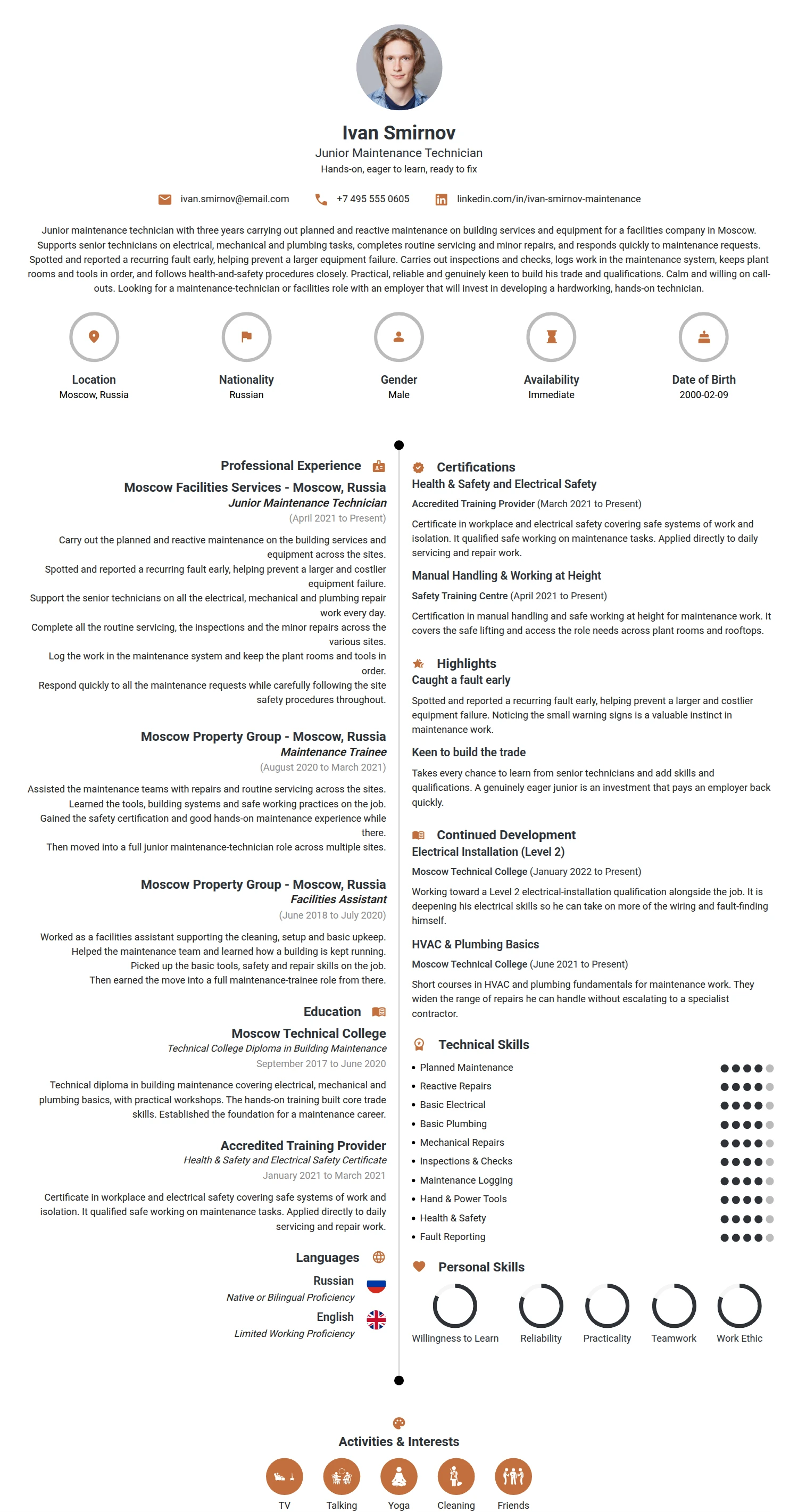 Junior Maintenance Technician resume example — a professionally formatted Maintenance/Repair CV sample
