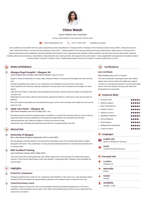 Junior Patient Care Assistant resume example