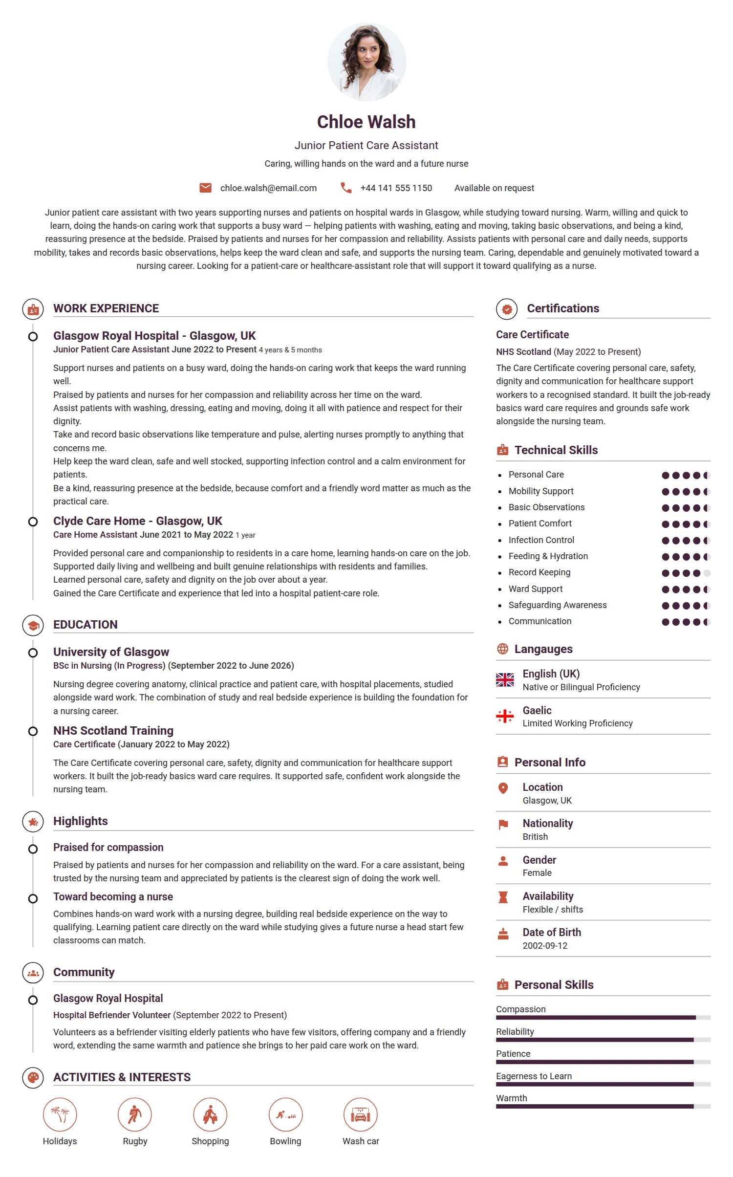 Junior Patient Care Assistant resume example — a professionally formatted Medical & Healthcare CV sample