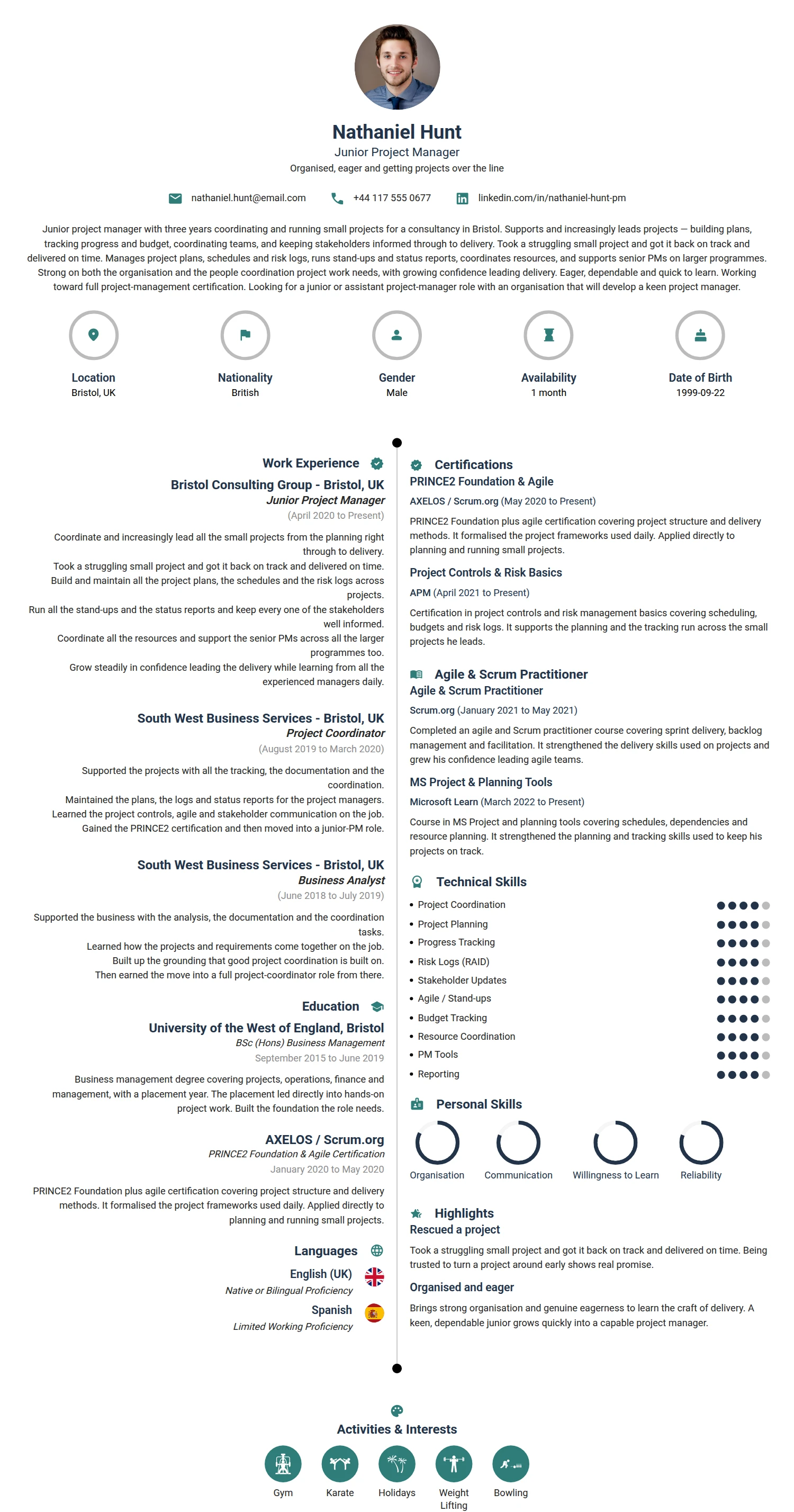 Junior Project Manager resume example — a professionally formatted Advertising/Marketing/PR CV sample