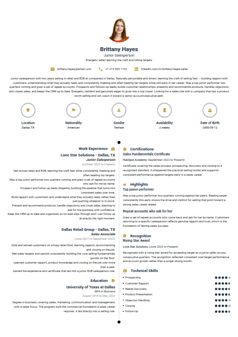 Junior Salesperson resume example