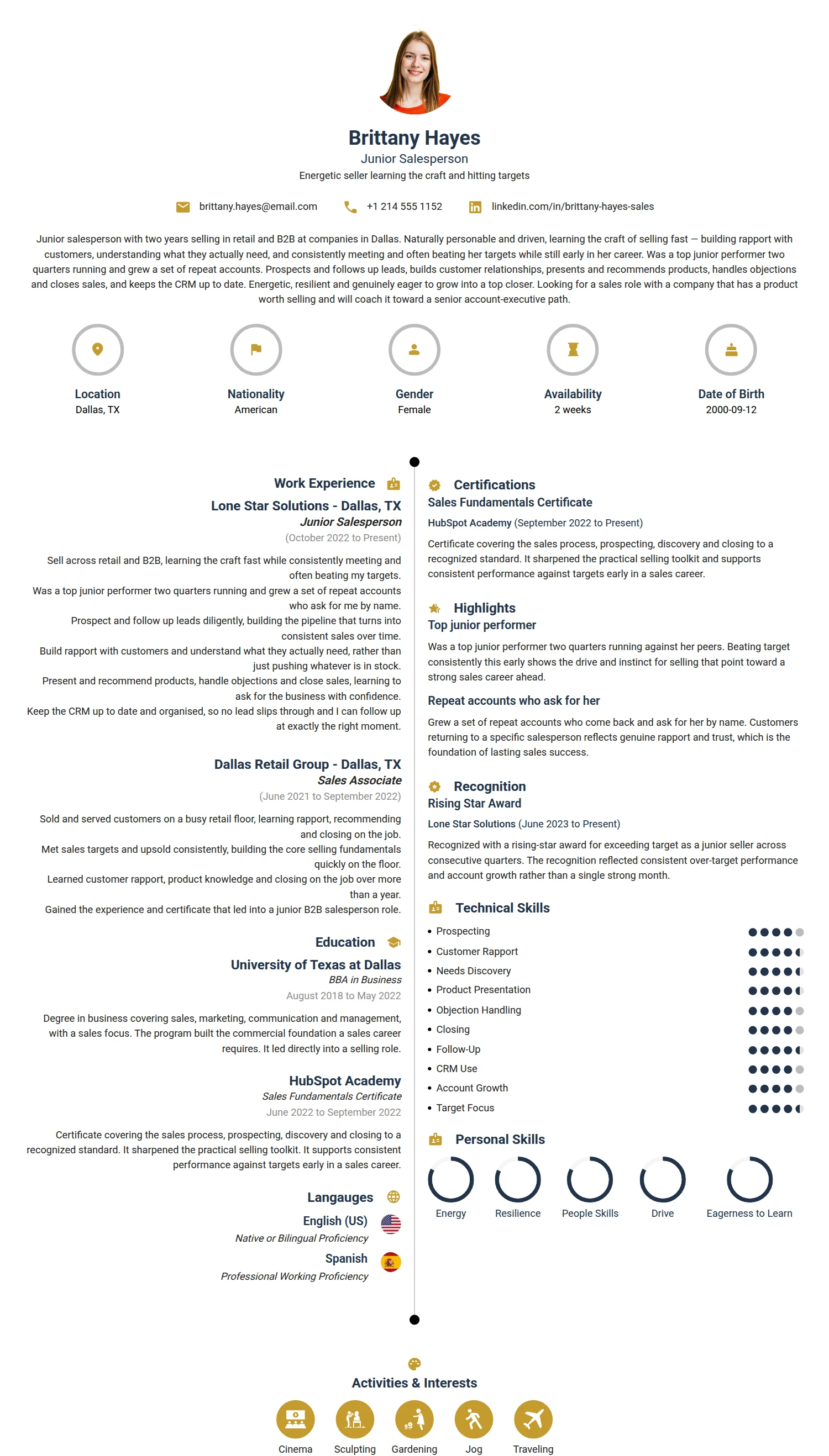 Junior Salesperson resume example — a professionally formatted Sales CV sample