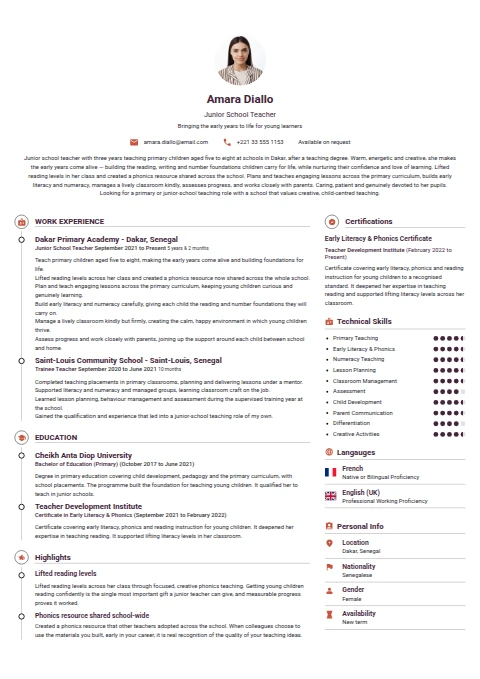 Junior School Teacher resume example