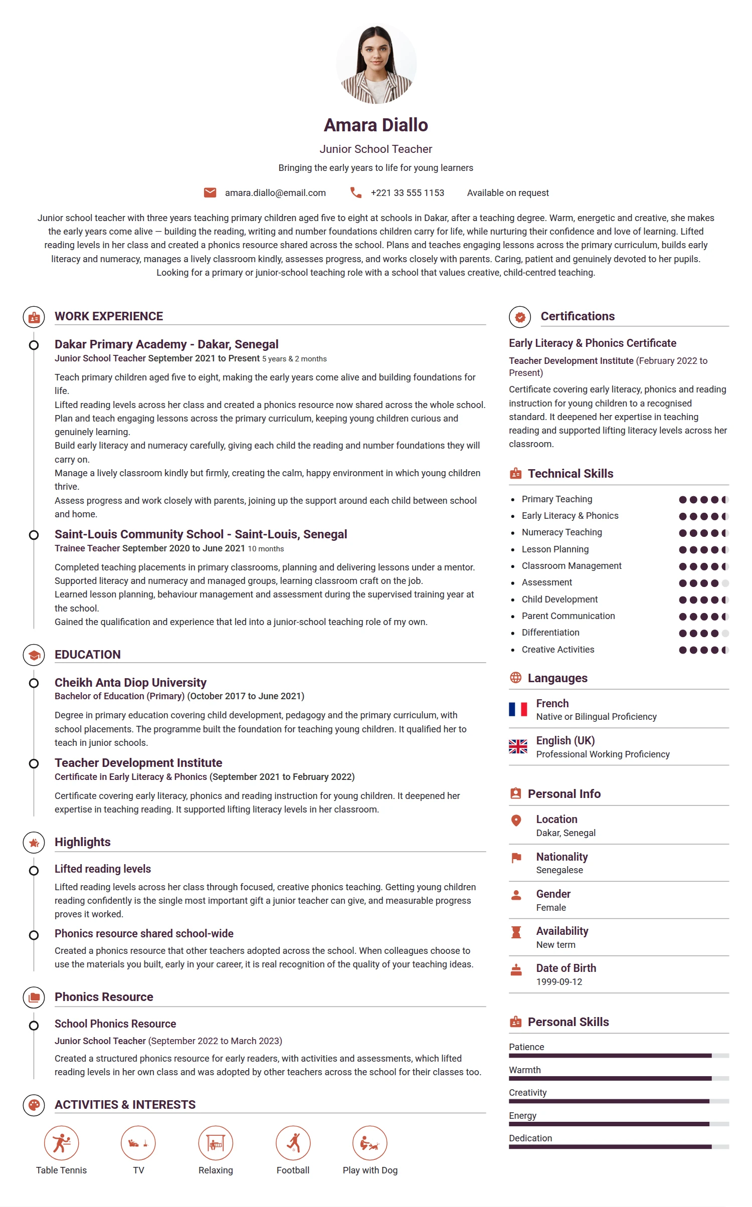Junior School Teacher resume example — a professionally formatted Education CV sample