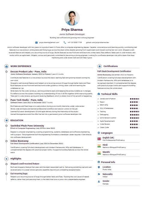 Junior Software Developer resume example