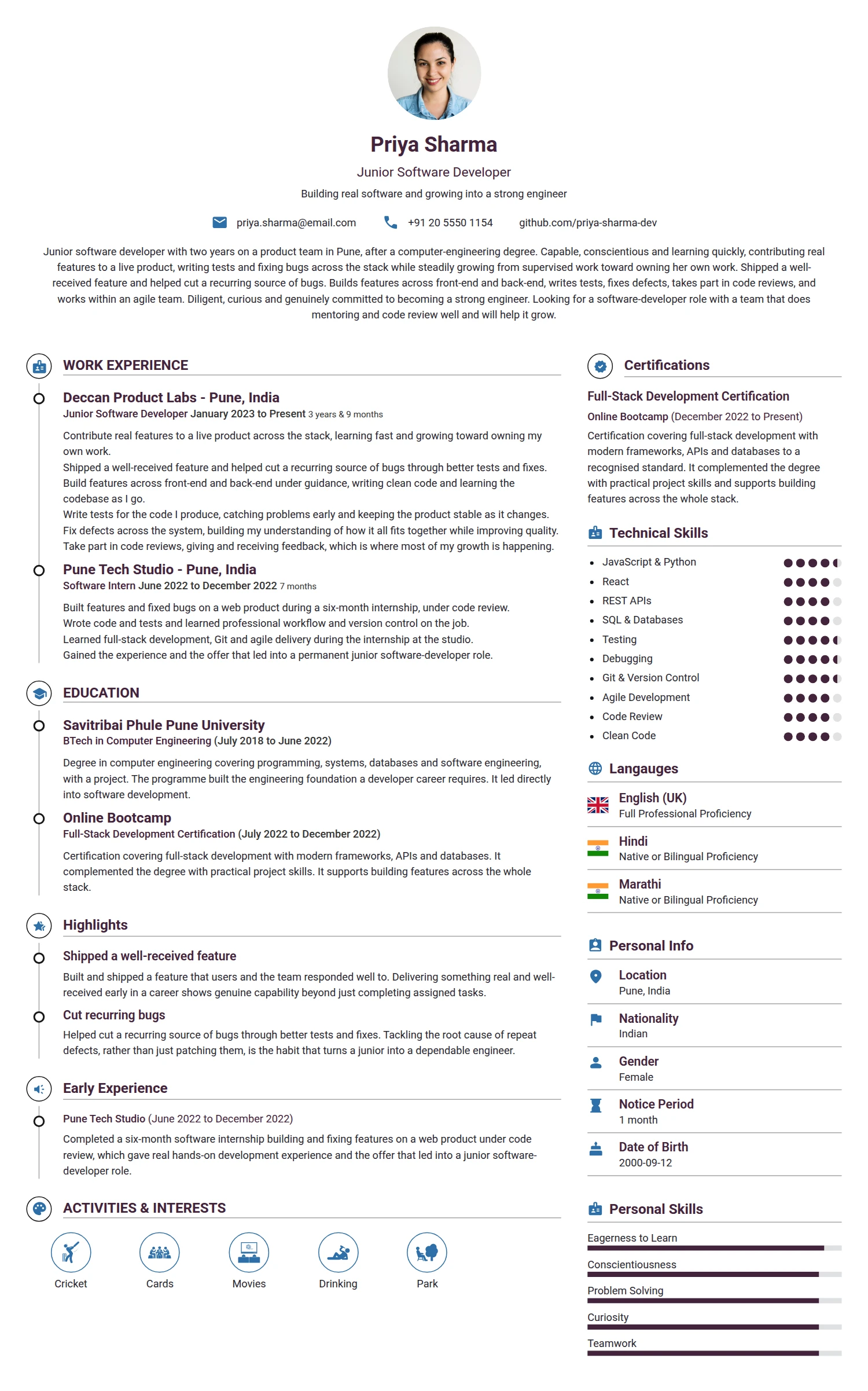 Junior Software Developer resume example — a professionally formatted Software Development & IT CV sample