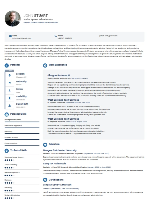 Junior System Administrator resume example