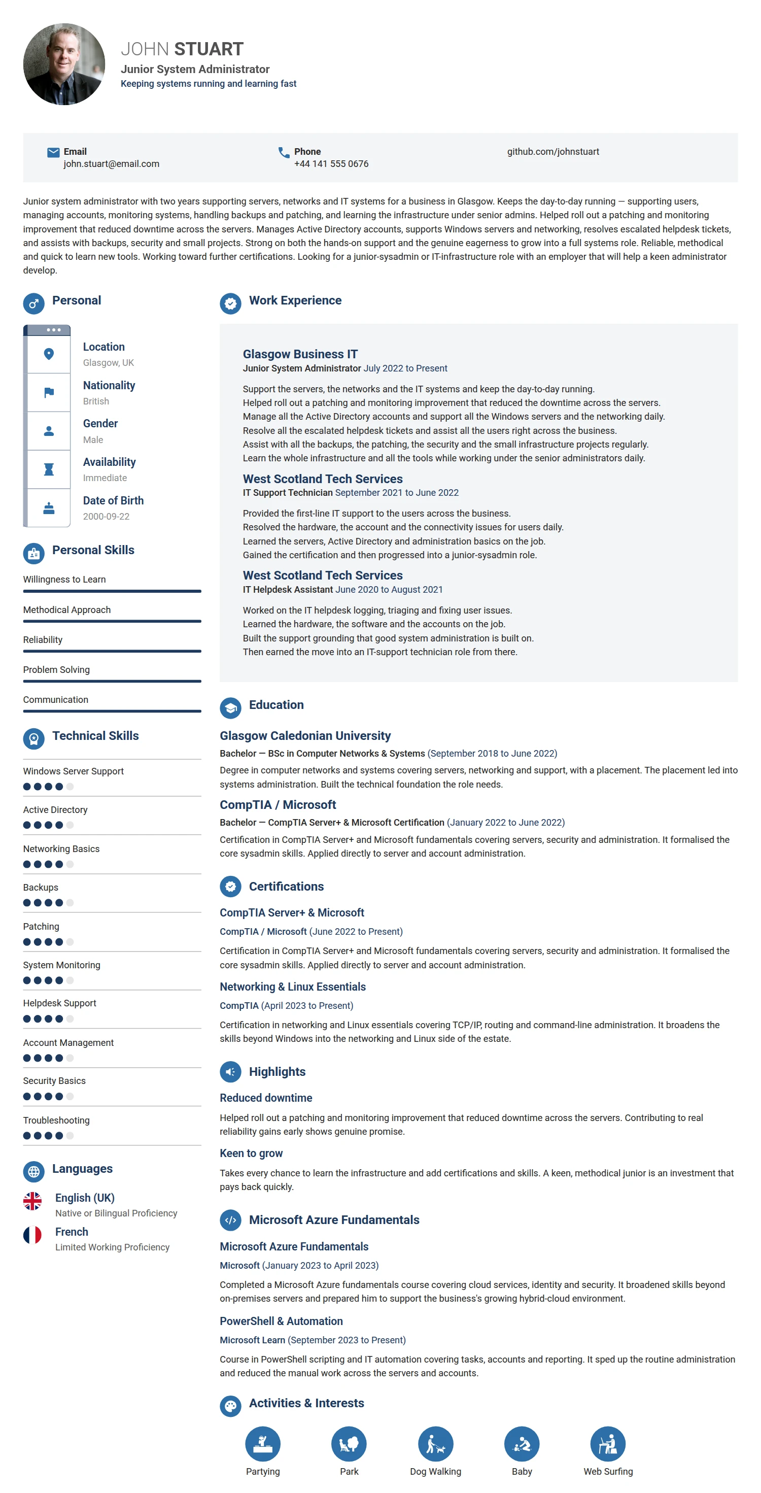 Junior System Administrator resume example — a professionally formatted Software Development & IT CV sample