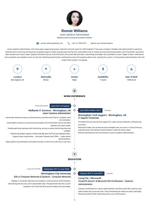 Junior Systems Administrator resume example