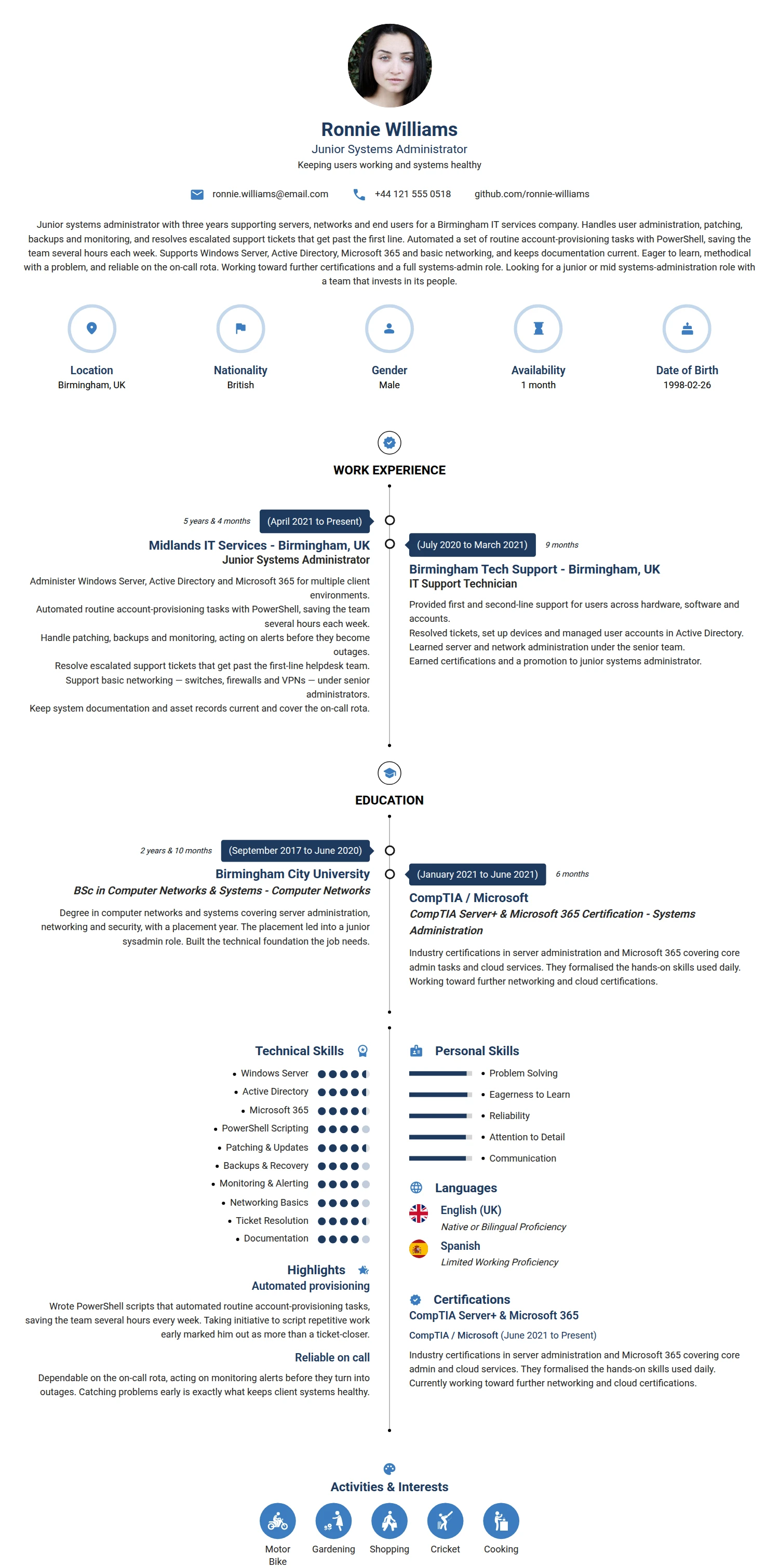 Junior Systems Administrator resume example — a professionally formatted Software Development & IT CV sample