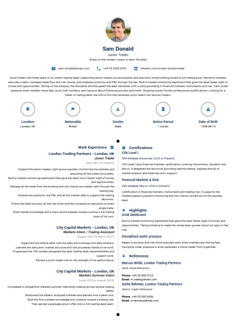 Junior Trader resume example